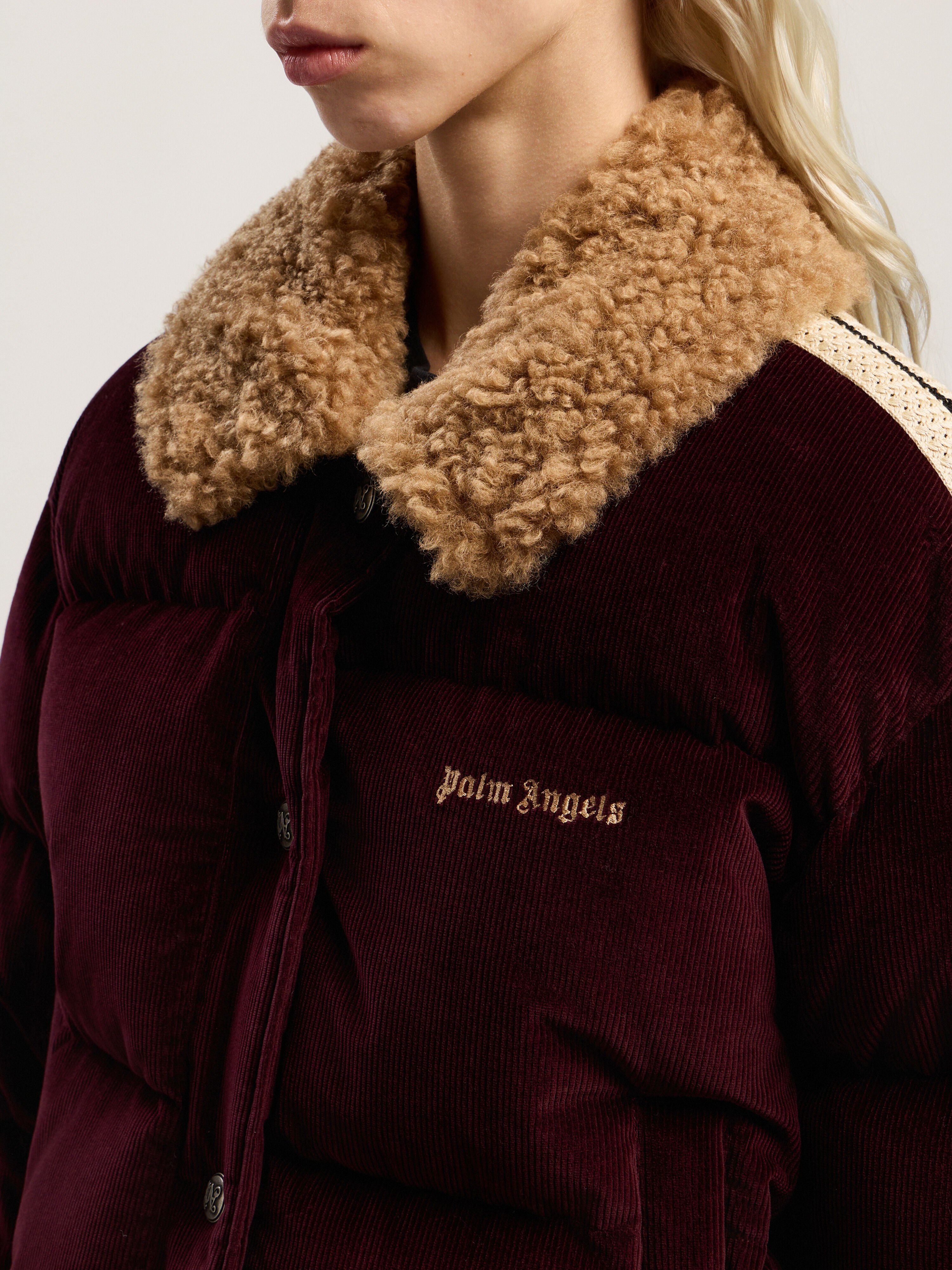 Classic Logo Cord Down Jacket PALM ANGELS Classic Logo Cord Down Jacket BURGUNDY - BROWN PWED029F25FAB001