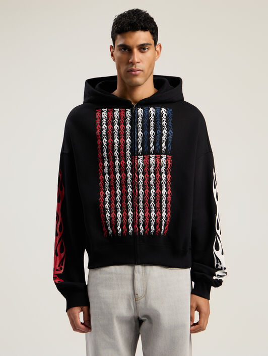 PALM ANGELS Flames Flag Zip Hoodie BLACK - MULTICOLOR PMBE02CF25FLE001