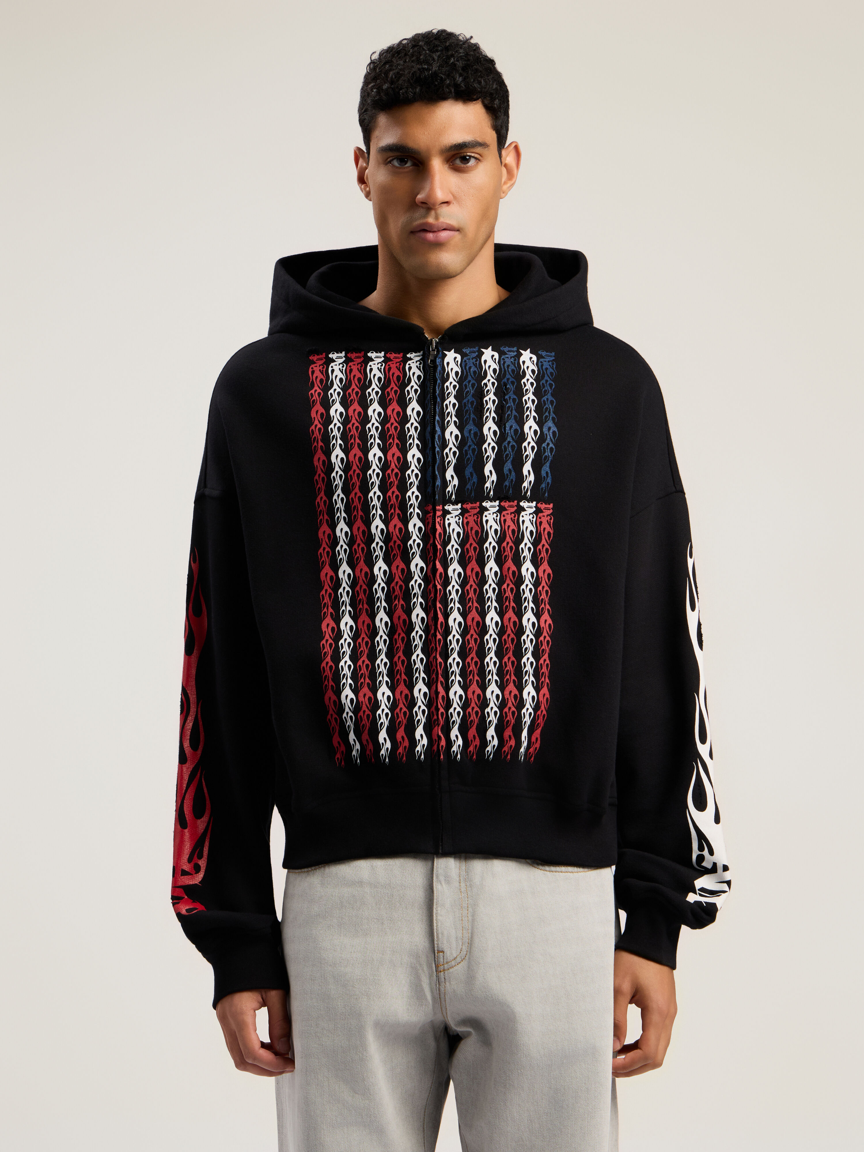 PALM ANGELS Flames Flag Zip Hoodie BLACK - MULTICOLOR PMBE02CF25FLE001