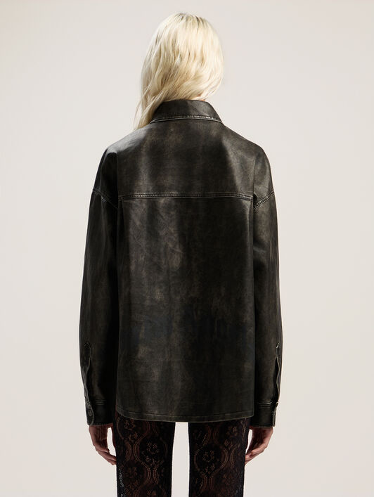 PALM ANGELS Curved Logo Coated Overshirt DARK GREY - BLACK PWJE009F25FAB001