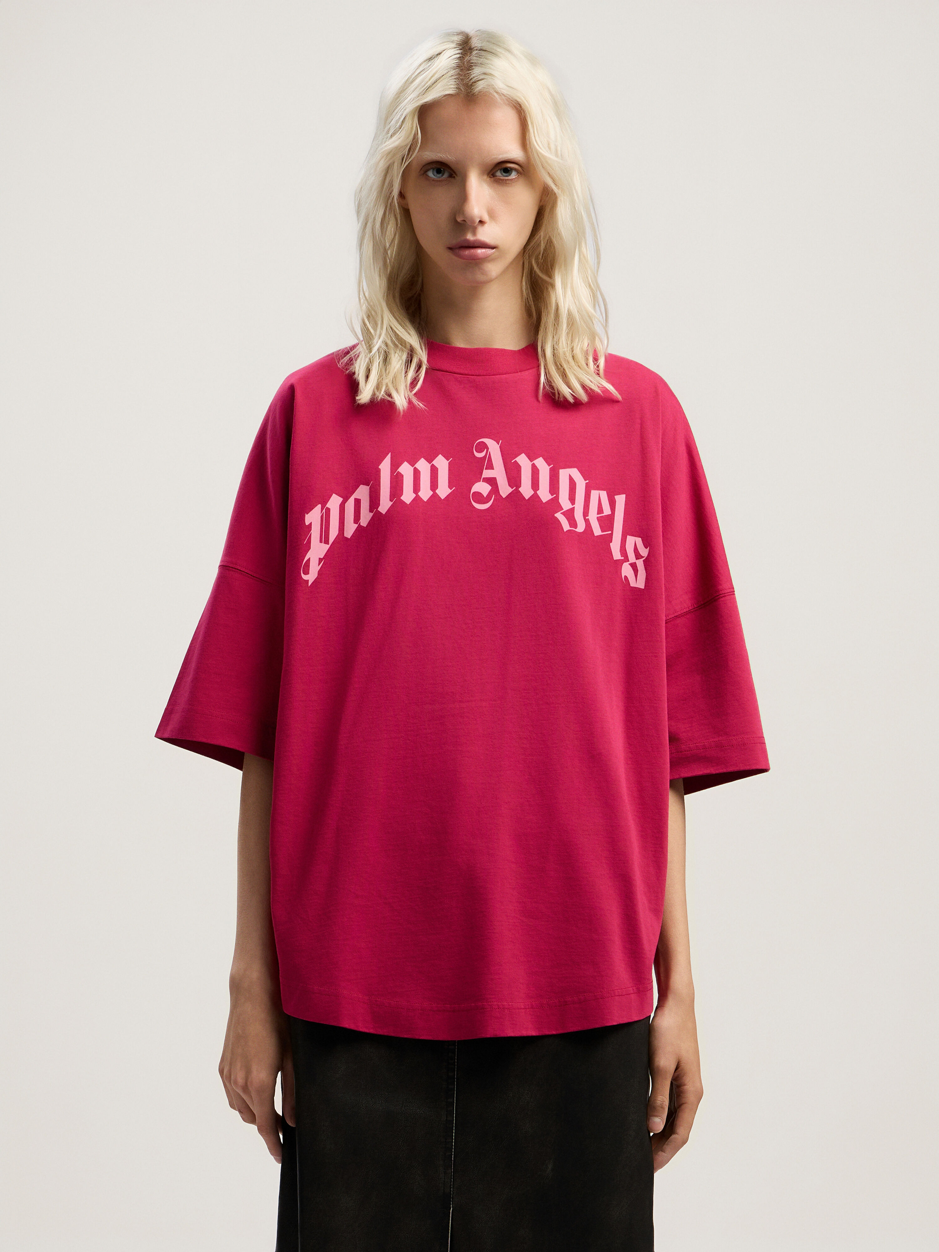 PALM ANGELS Curved Logo Over T-shirt FUCHSIA - PINK PWAA07CF25JER001
