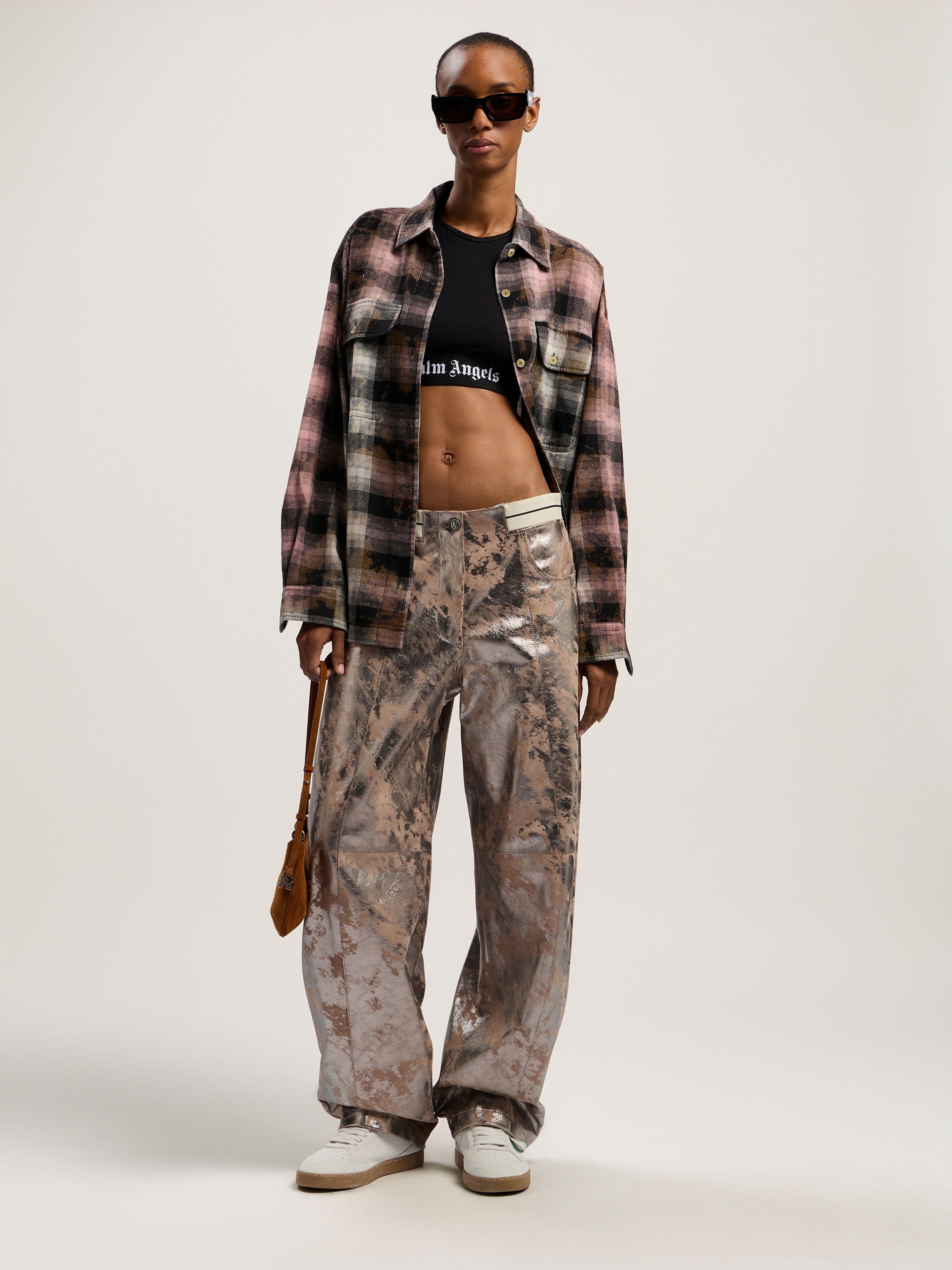 Laminated Leather Carrot Pant PALM ANGELS Laminated Leather Carrot Pant NUDE - SILVER PWJB027F25LEA001