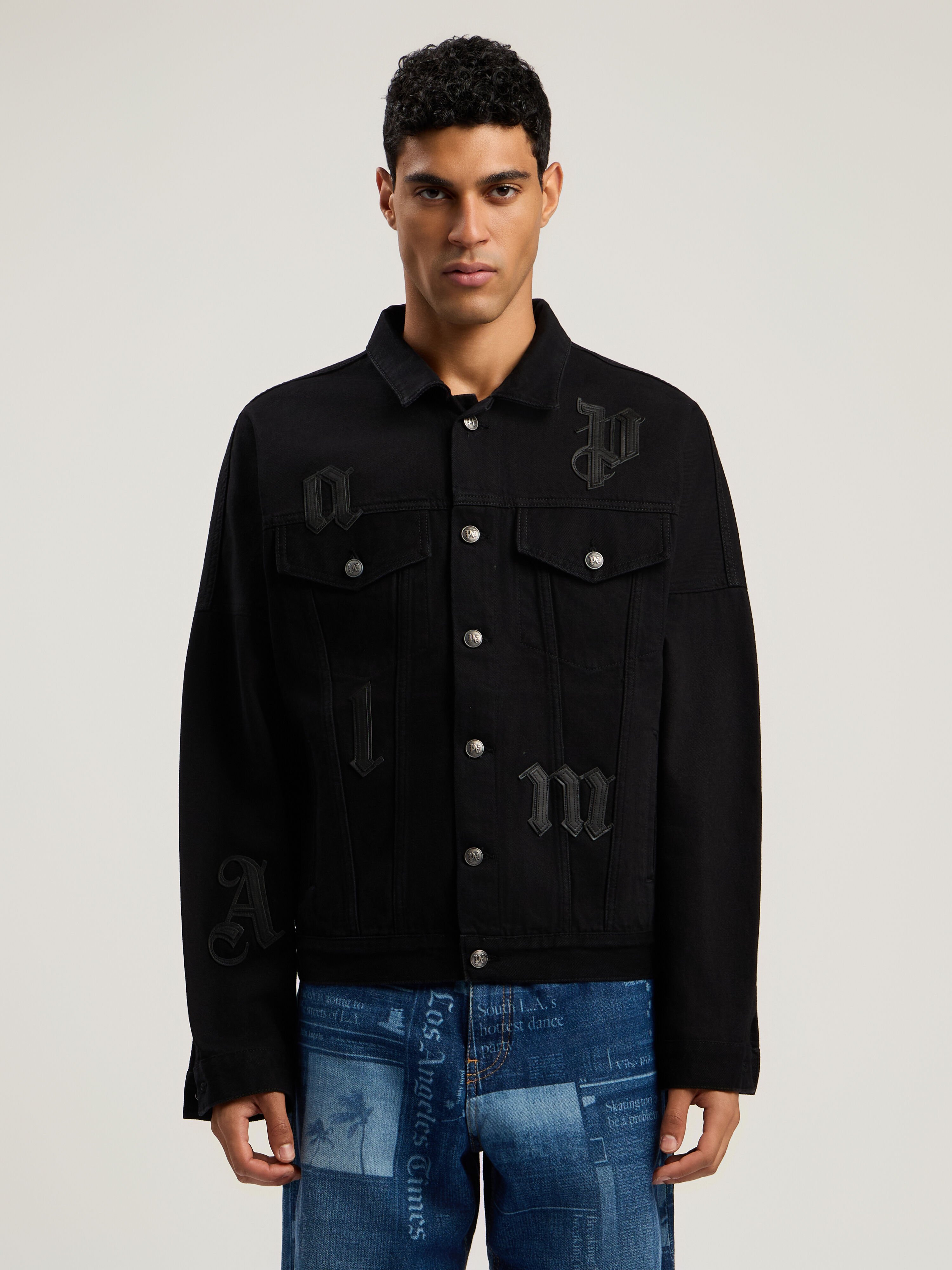 PALM ANGELS Gothic Logo Denim Jacket BLACK - BLACK PMYE006F25DEN001