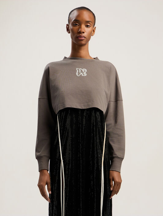 PALM ANGELS Classic Logo Crop Top DARK GREY - OFF WHITE PWAB023F25JER001