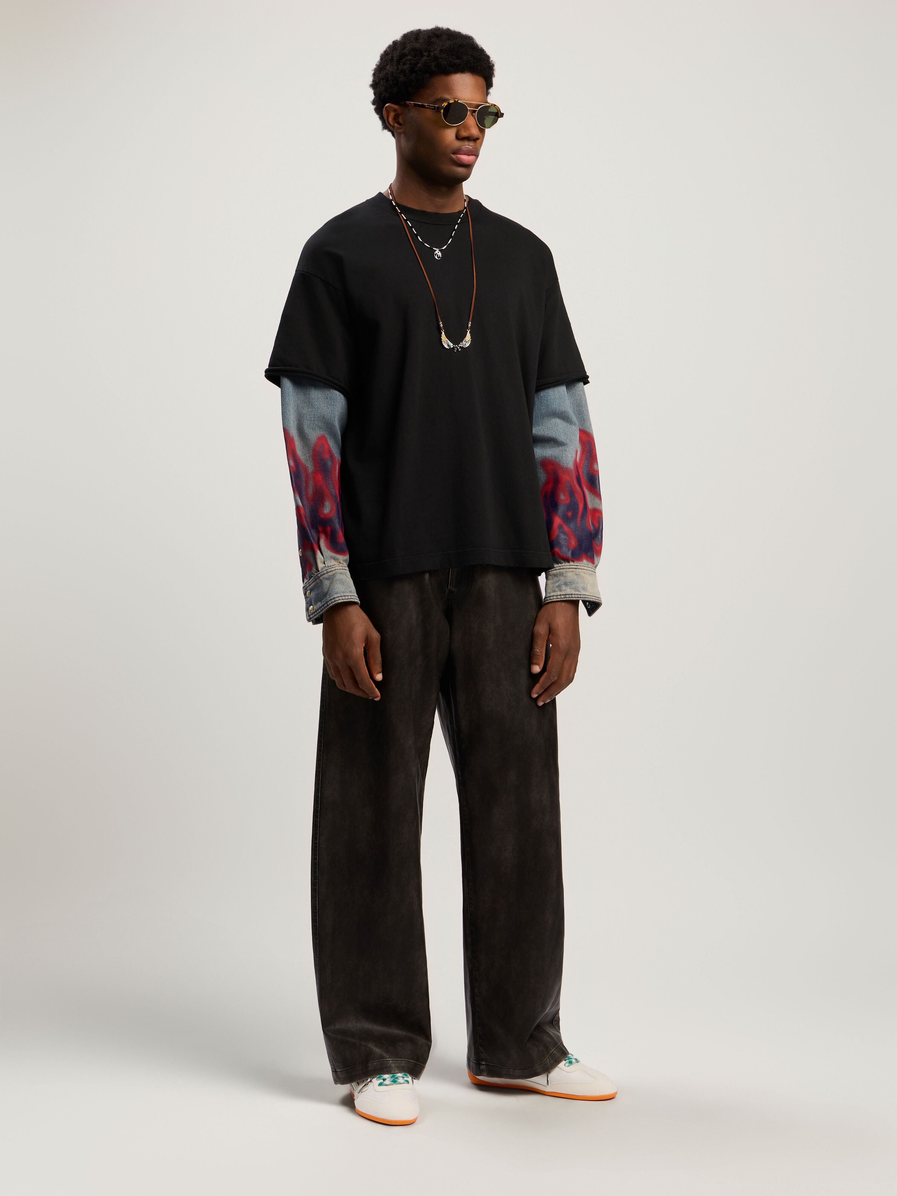 Flames Hybrid Long-Sleeve Shirt PALM ANGELS Flames Hybrid Long-Sleeve Shirt VINTAGE BLACK - MEDIUM BLUE PMGE04BF25FAB001