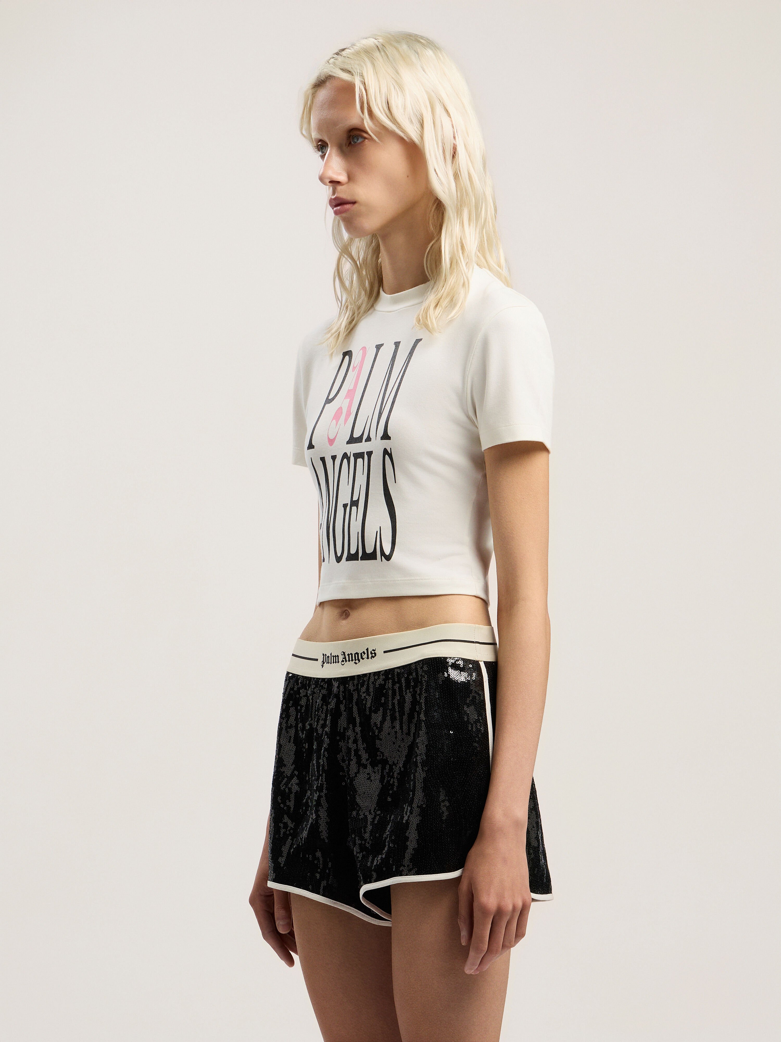 Flames Logo Baby Tee PALM ANGELS Flames Logo Baby Tee OFF WHITE - BLACK PWAA077F25JER003