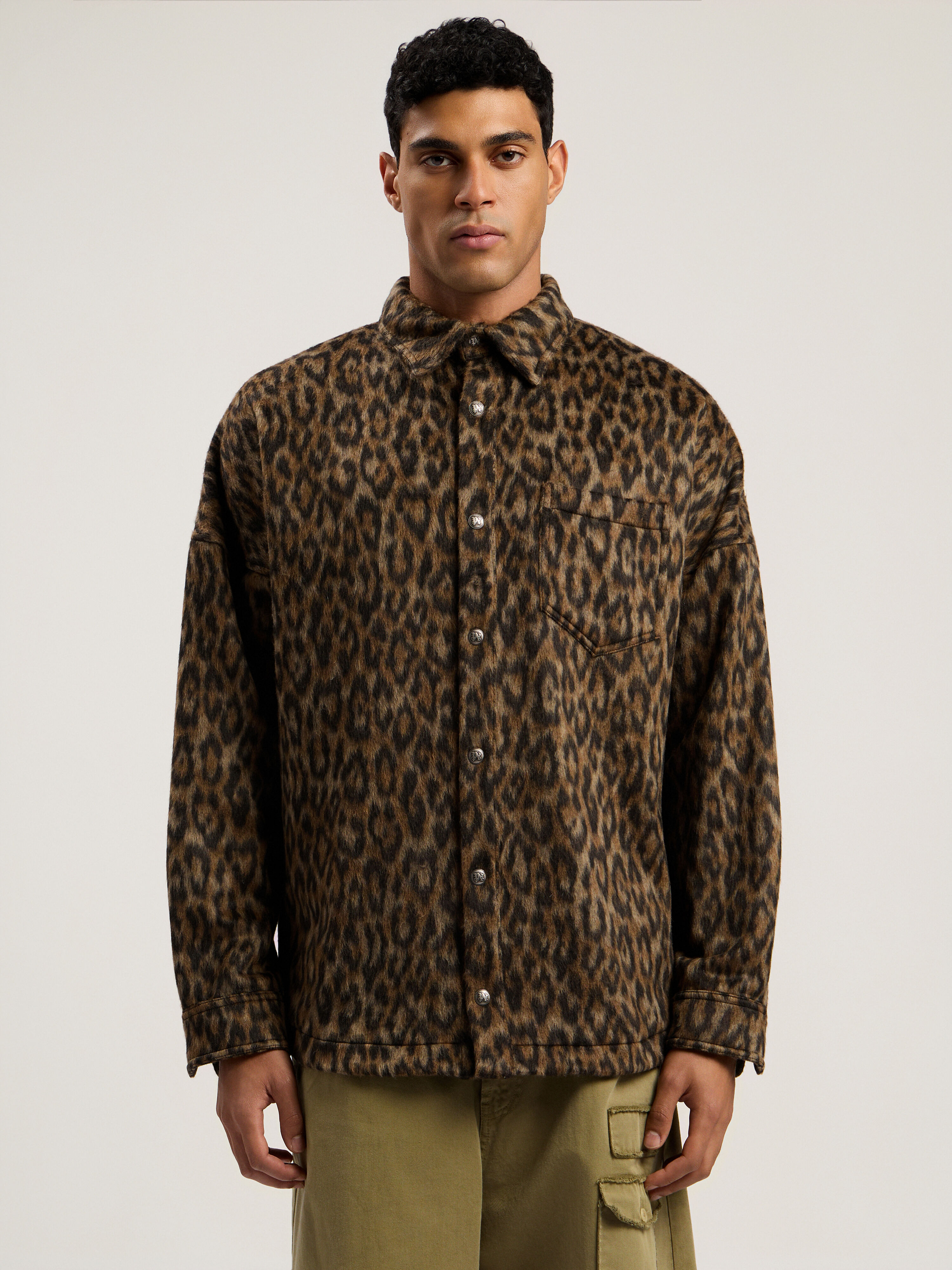 PALM ANGELS Classic Logo Animalier Overshirt BROWN - OFF WHITE PMES002F25FAB001