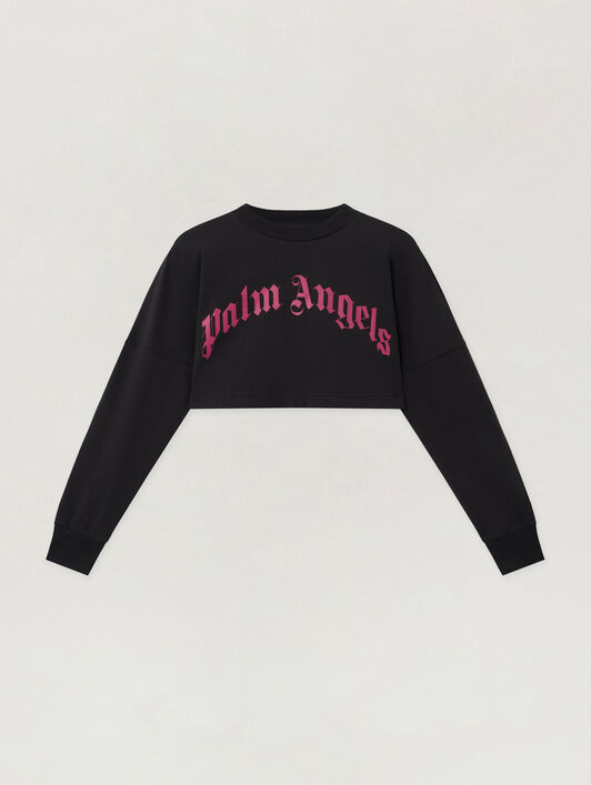 PALM ANGELS Curved Logo Crop Long Sleeve BLACK - FUCHSIA PWAB023F25JER002