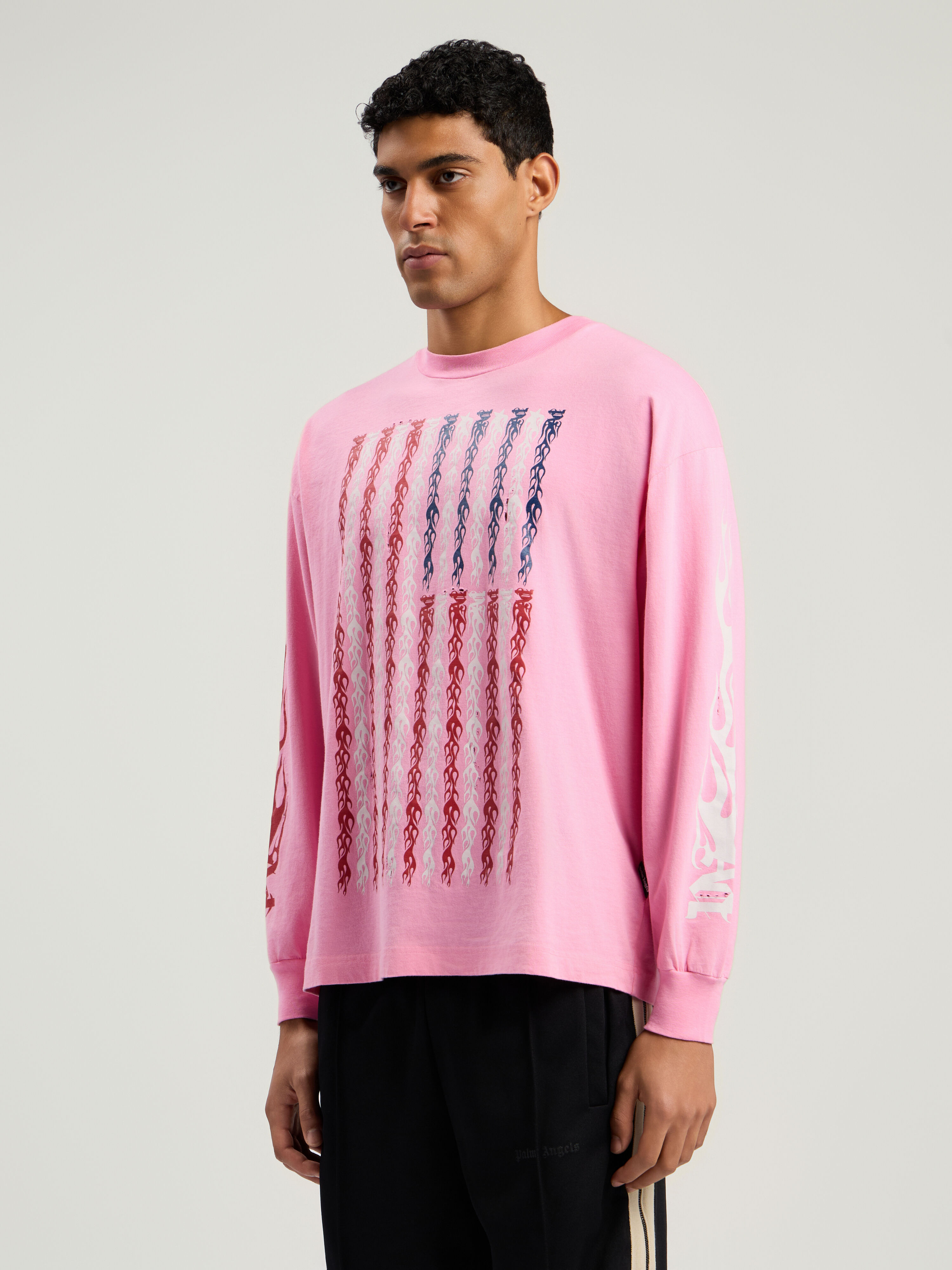 PALM ANGELS Flames Flag Long Sleeve T-Shirt PINK - MULTICOLOR PMAB058F25JER001