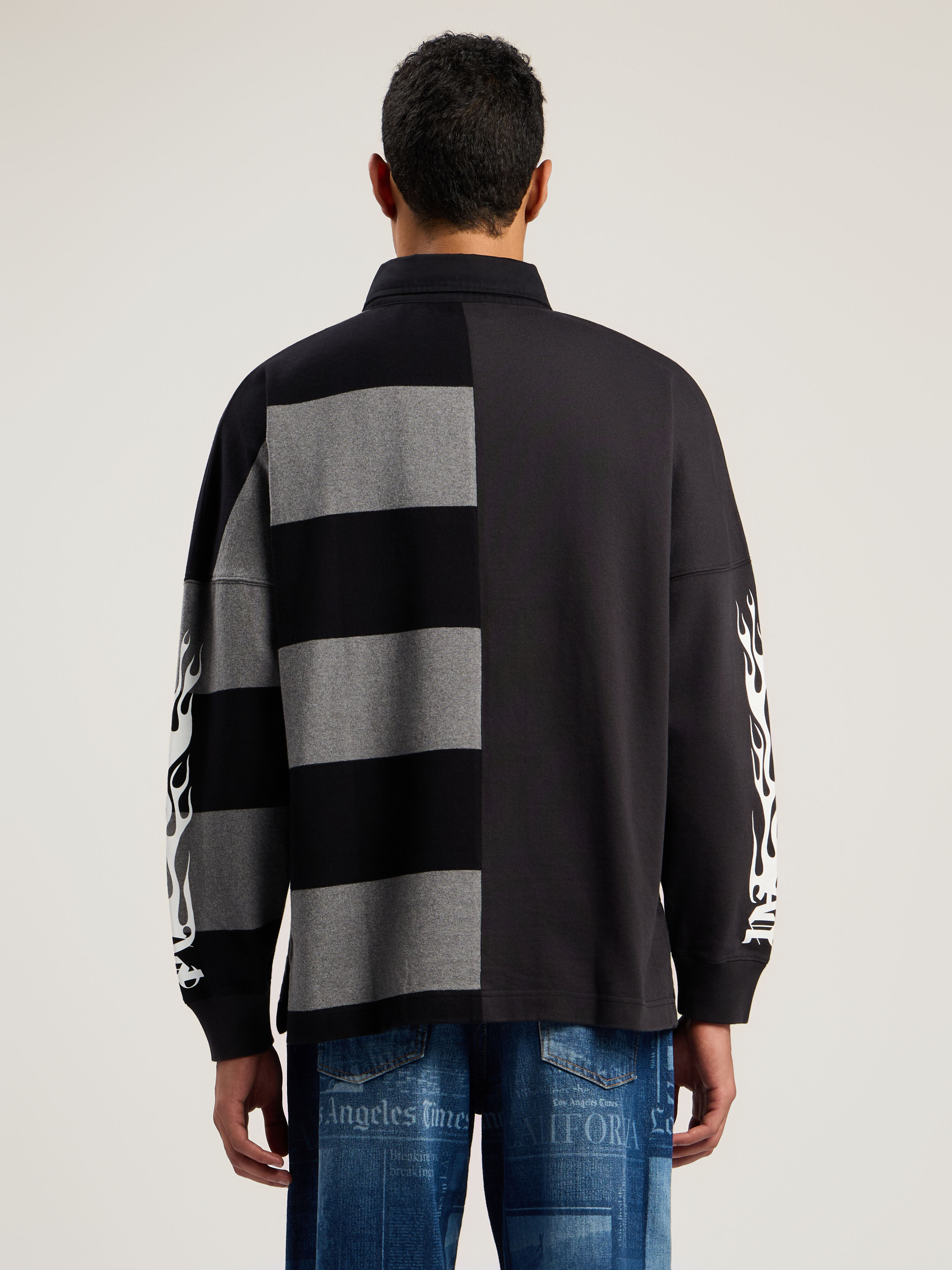 PALM ANGELS Flames Flag Polo Shirt BLACK - GREY MELANGE PMGC01BF25FAB001