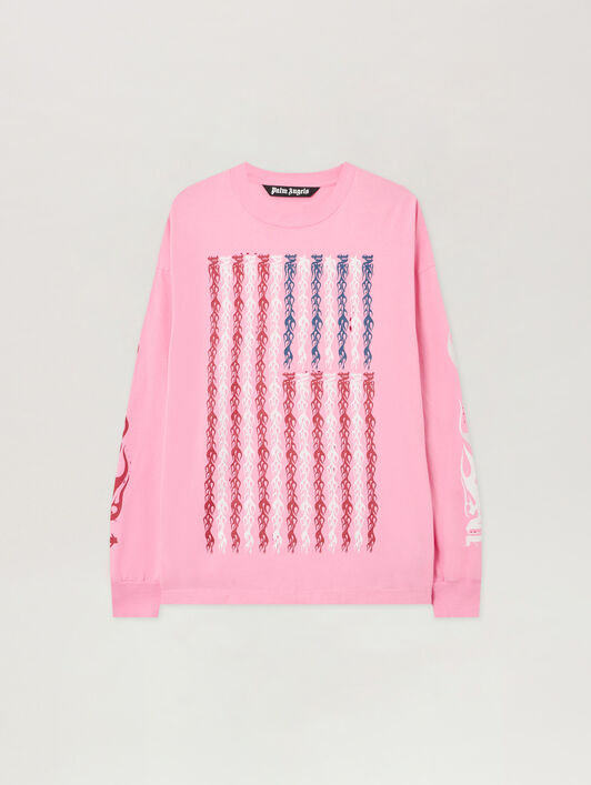 PALM ANGELS Flames Flag Long Sleeve T-Shirt PINK - MULTICOLOR PMAB058F25JER001