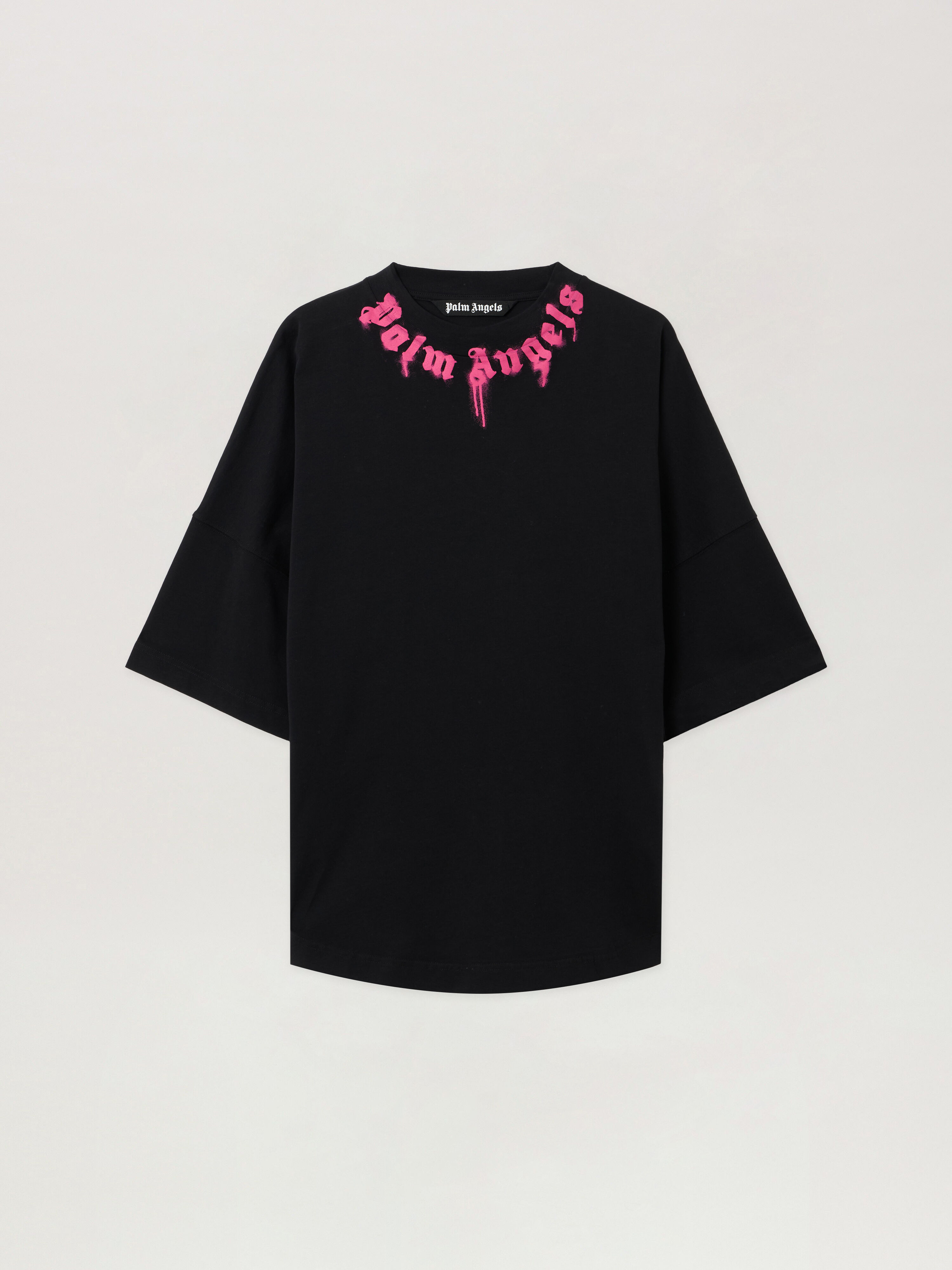 PALM ANGELS Curved Logo T-Shirt BLACK - FUCHSIA PMAA10BF25JER006