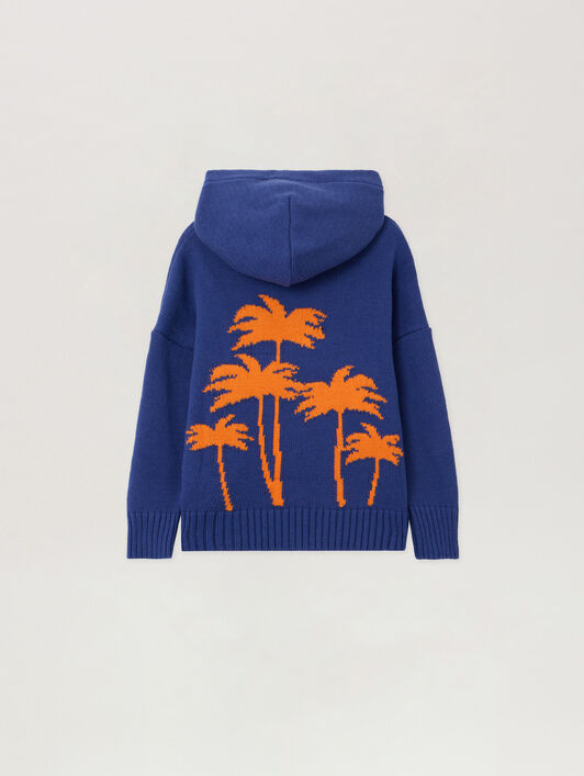 PALM ANGELS Knit Hoodie with Palm Tree Motif COBALT BLUE - ORANGE PBHU001F25KNI001