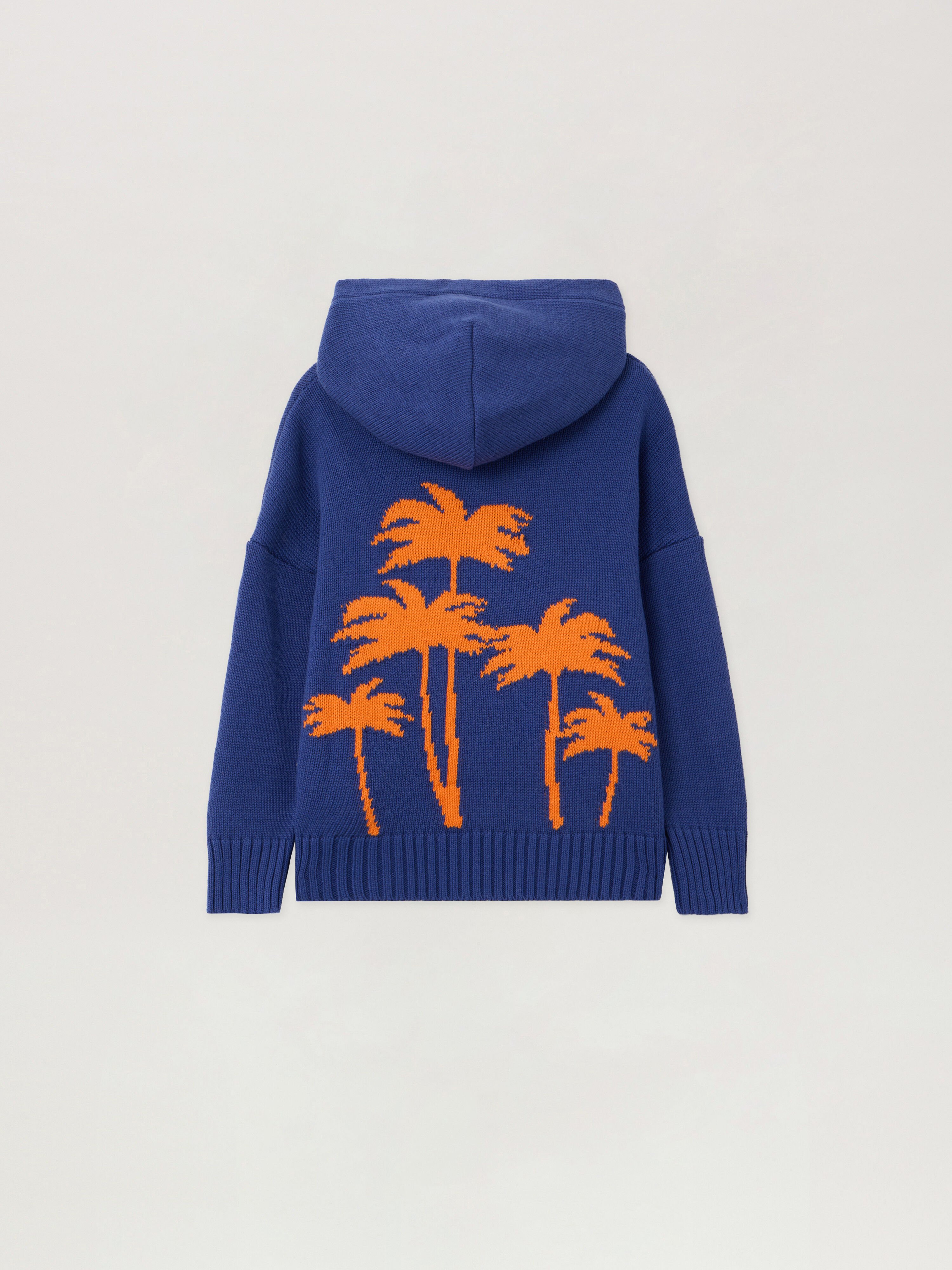 PALM ANGELS Knit Hoodie with Palm Tree Motif COBALT BLUE - ORANGE PBHU001F25KNI001