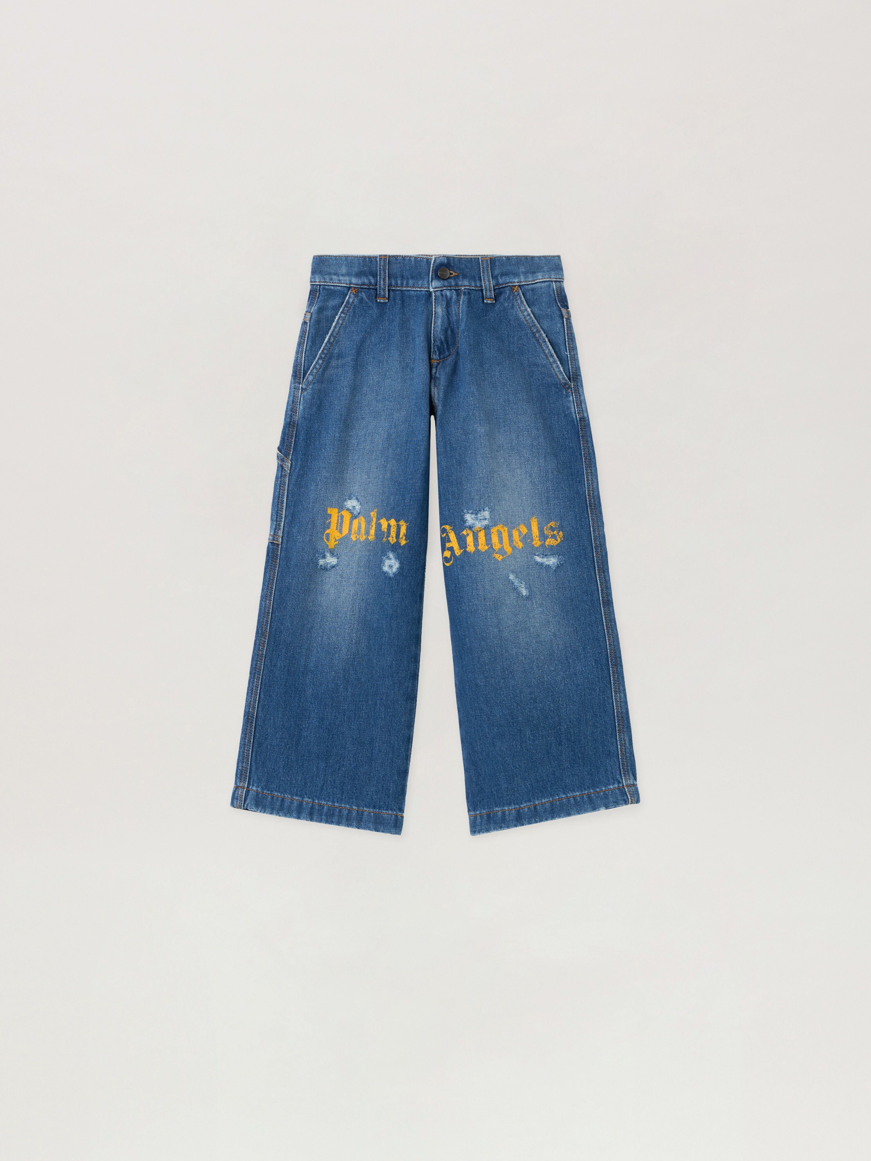 PALM ANGELS Brushed Logo Denim Pants MEDIUM BLUE - OCHER YELLOW PBYB007F25DEN001