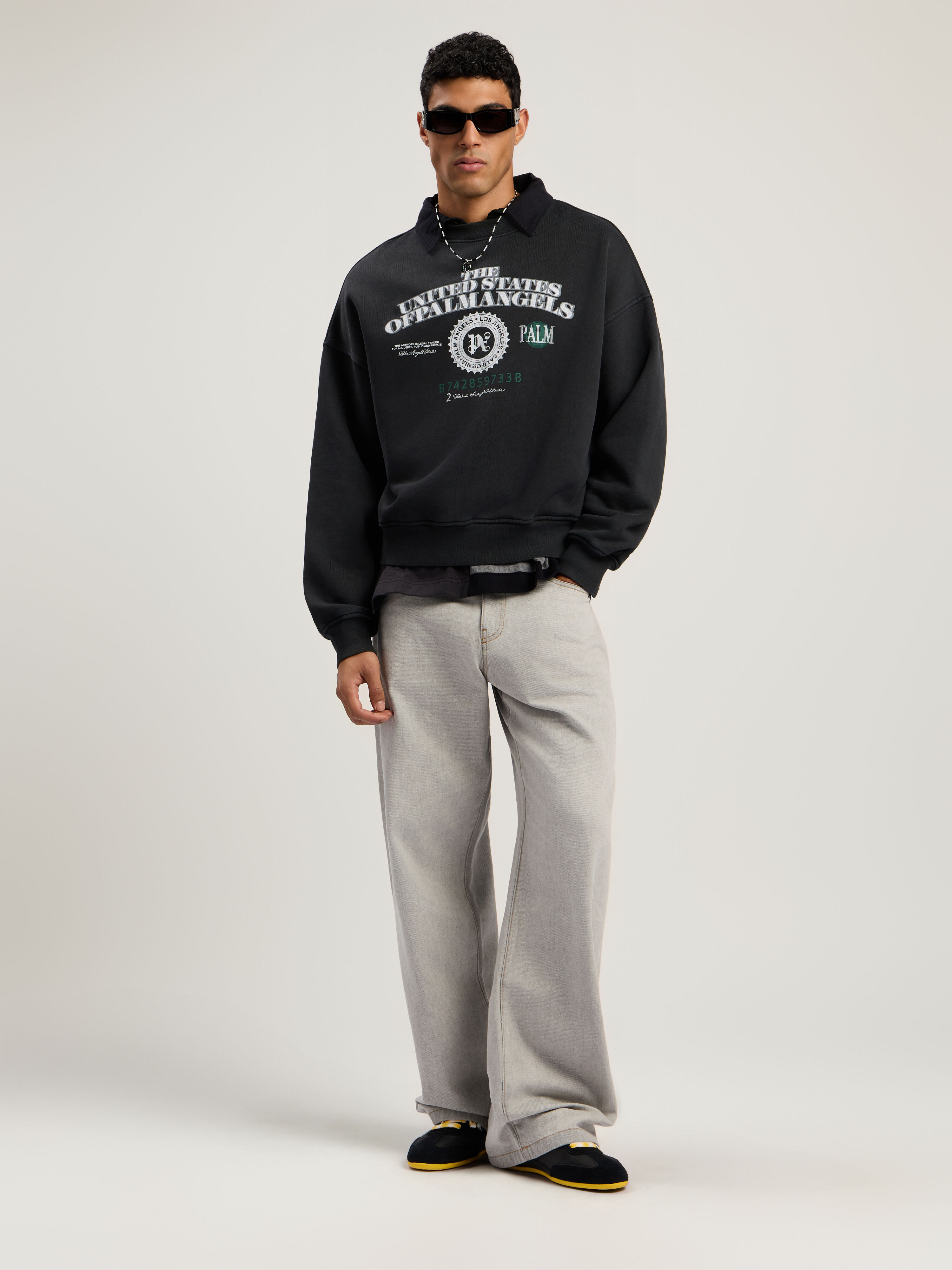 Dollar Loose Crew Sweatshirt PALM ANGELS Dollar Loose Crew Sweatshirt VINTAGE BLACK - LIGHT GREY PMBA08JF25FLE002