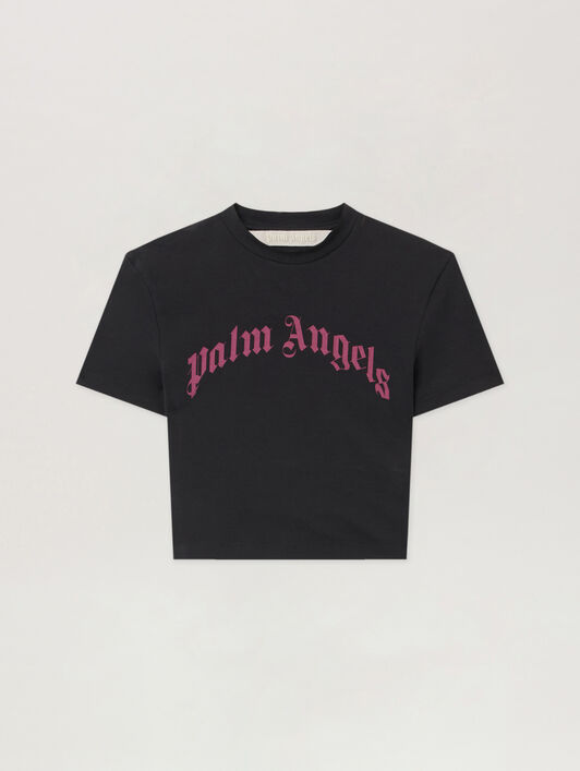 PALM ANGELS Curved Logo Baby Tee BLACK - FUCHSIA PWAA077F25JER002