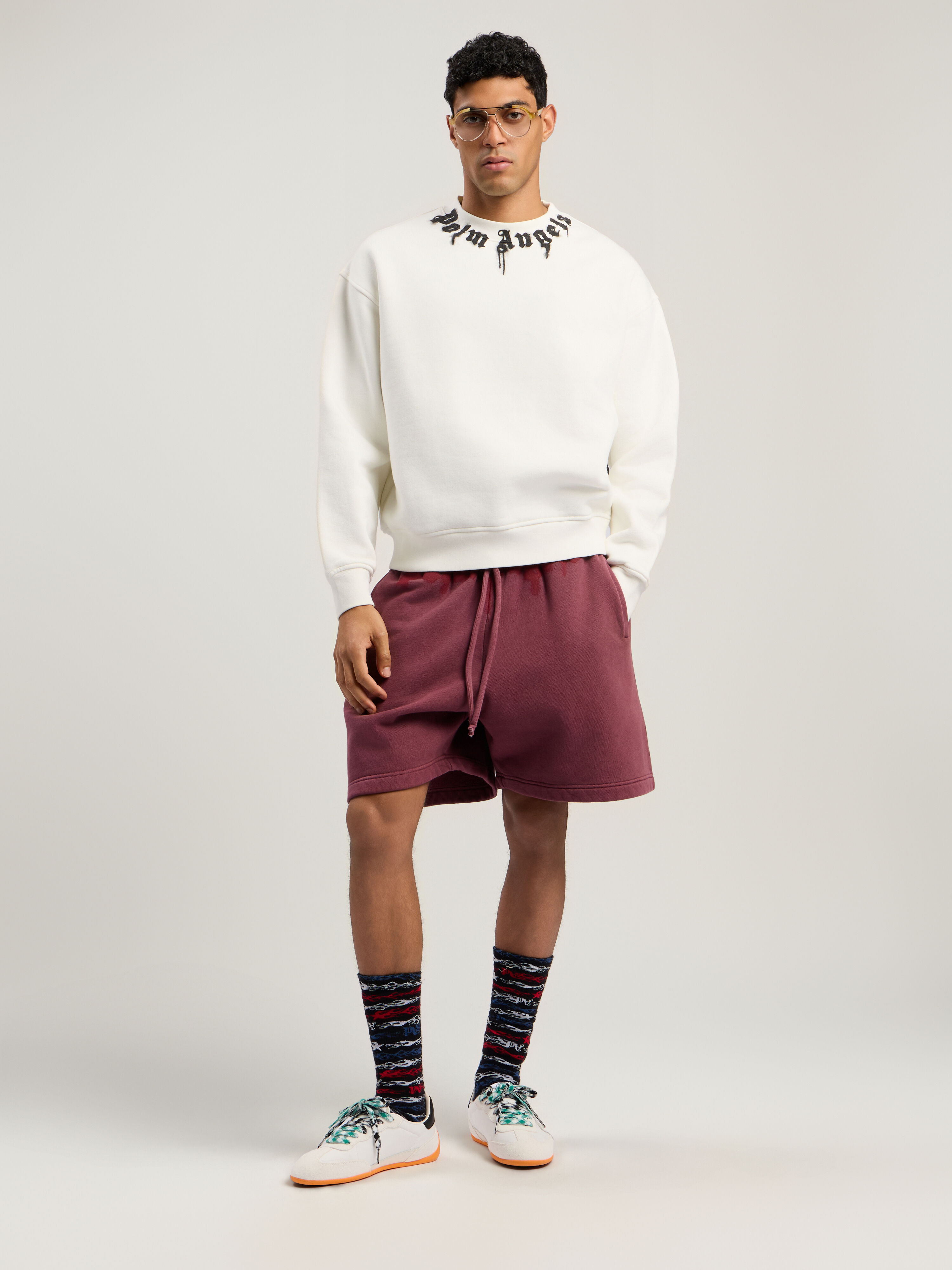 PALM ANGELS Neck Logo Reg Crew Sweatshirt OFF WHITE - BLACK PMBA08HF25FLE003