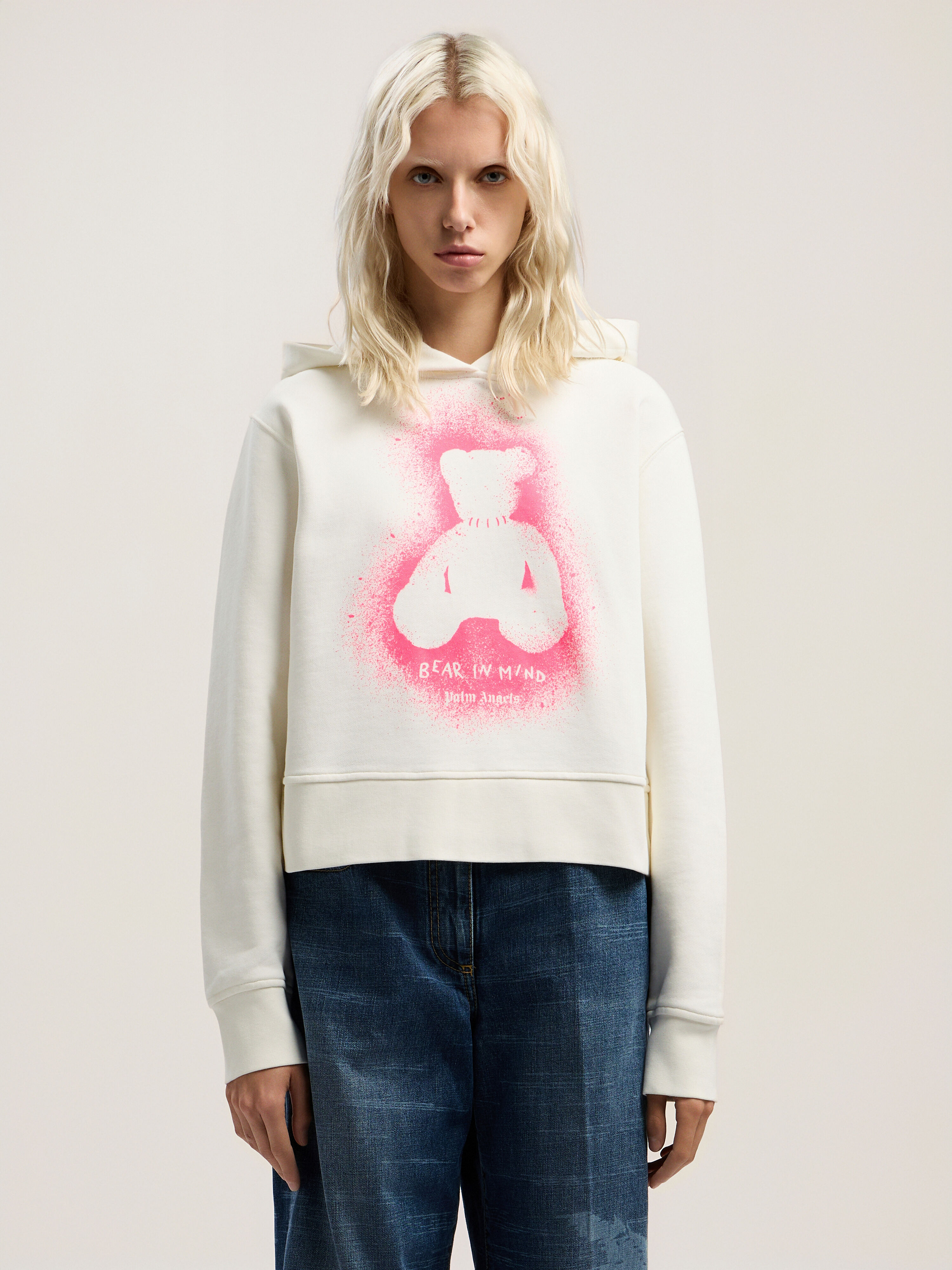 PALM ANGELS Spray Bear Fitted Hoodie OFF WHITE - FUCHSIA FLUO PWBB069F25FLE001