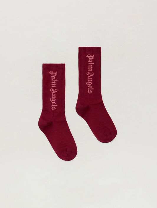 PALM ANGELS Logo Embroidered High Socks BRICK RED - PGRA005F25KNI002