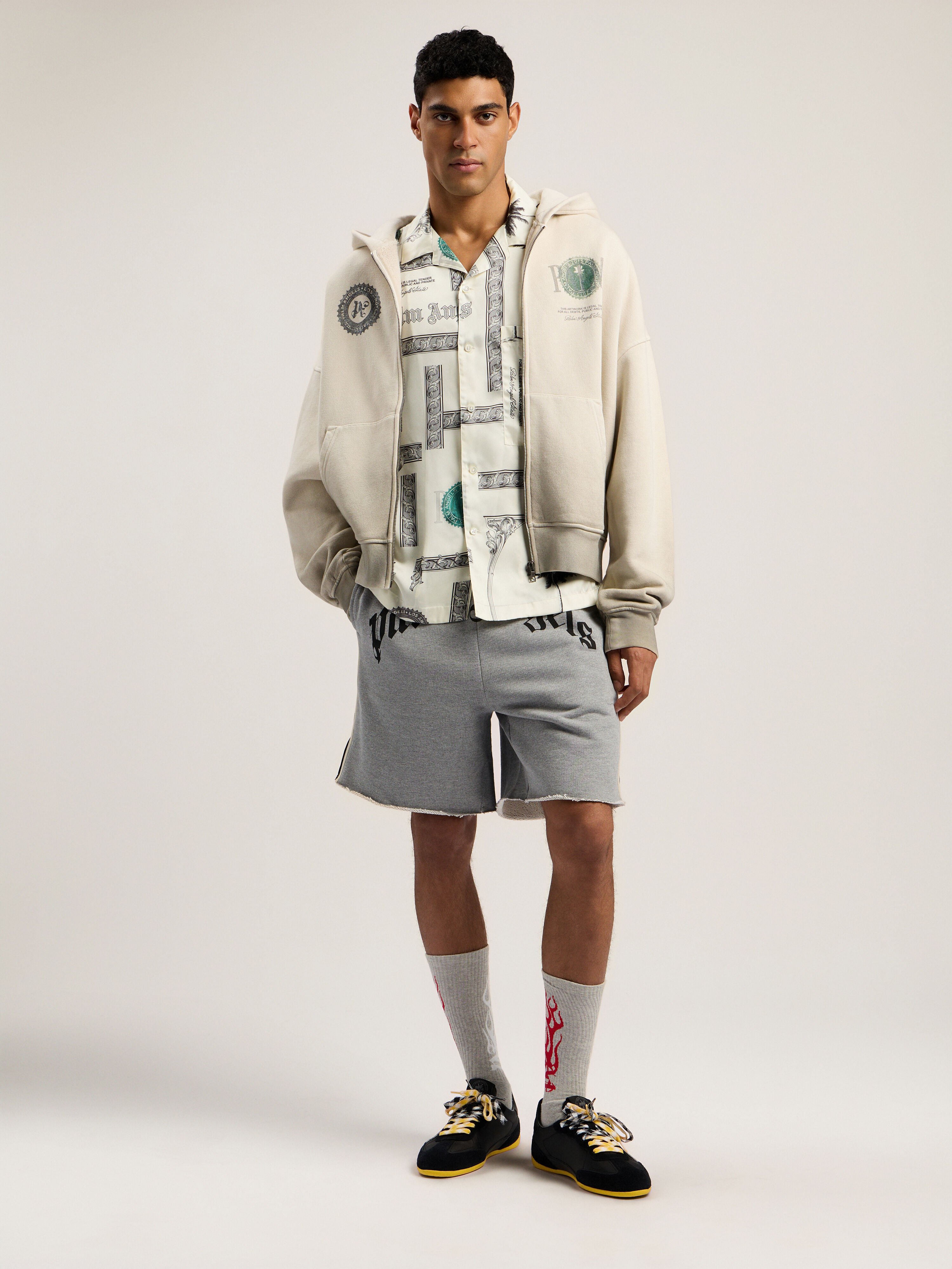 PALM ANGELS Dollar Zipped Loose Hoodie IVORY - BLACK PMBE02AF25FLE003