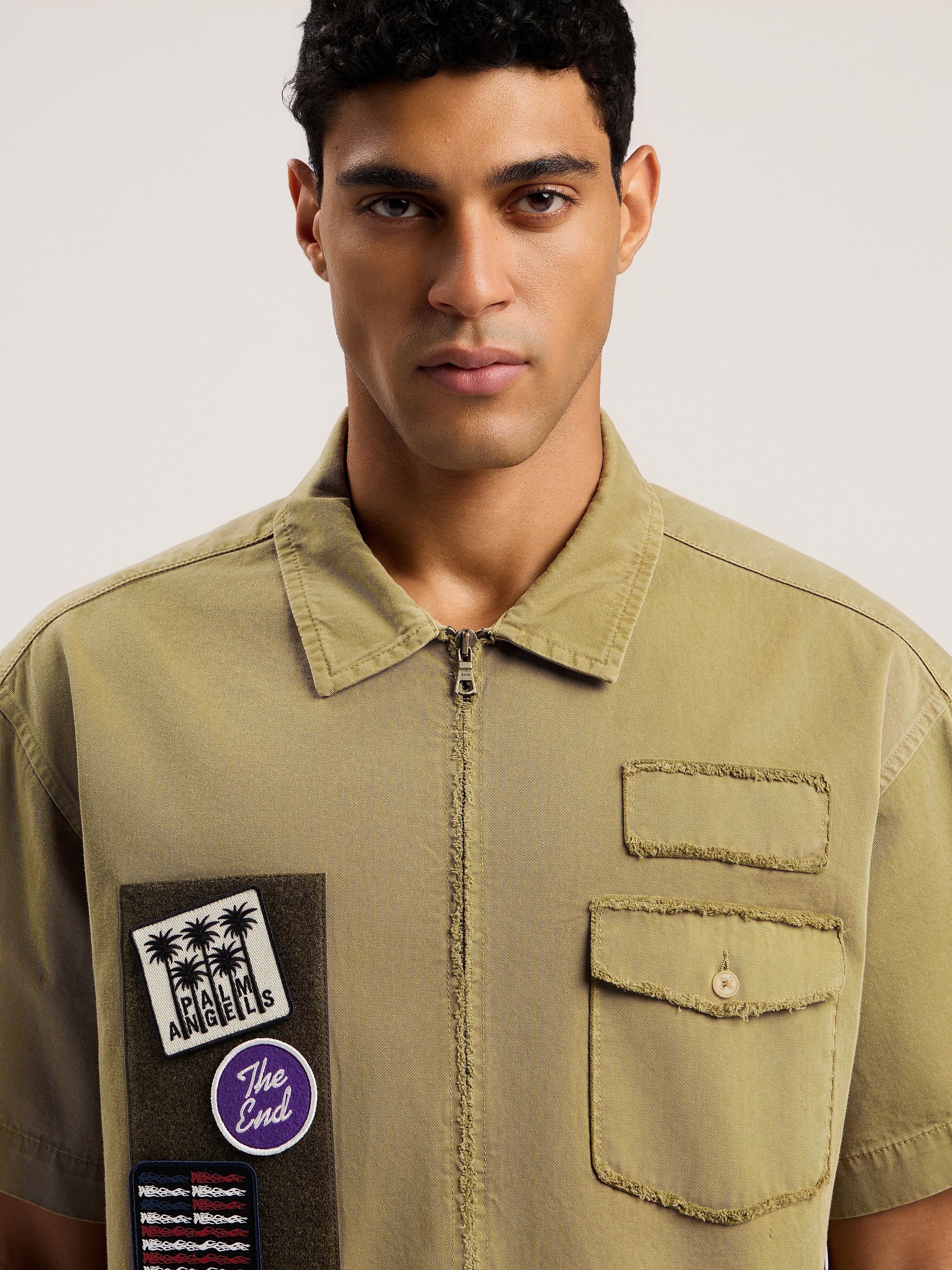 PALM ANGELS Military Patch Zipped Shirt ARMY GREEN - MULTICOLOR PMGG00BF25FAB001