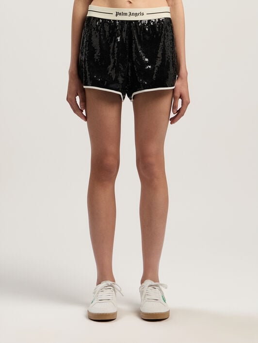 Classic Logo Sequin Shorts PALM ANGELS Classic Logo Sequin Shorts BLACK - OFF WHITE PWCB058F25FAB001