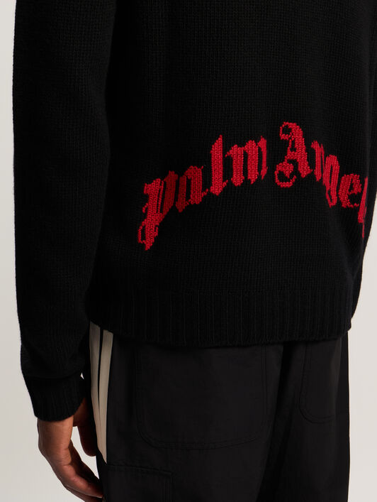 PALM ANGELS Curved Logo Sweater BLACK - RED PMHE027F25KNI002