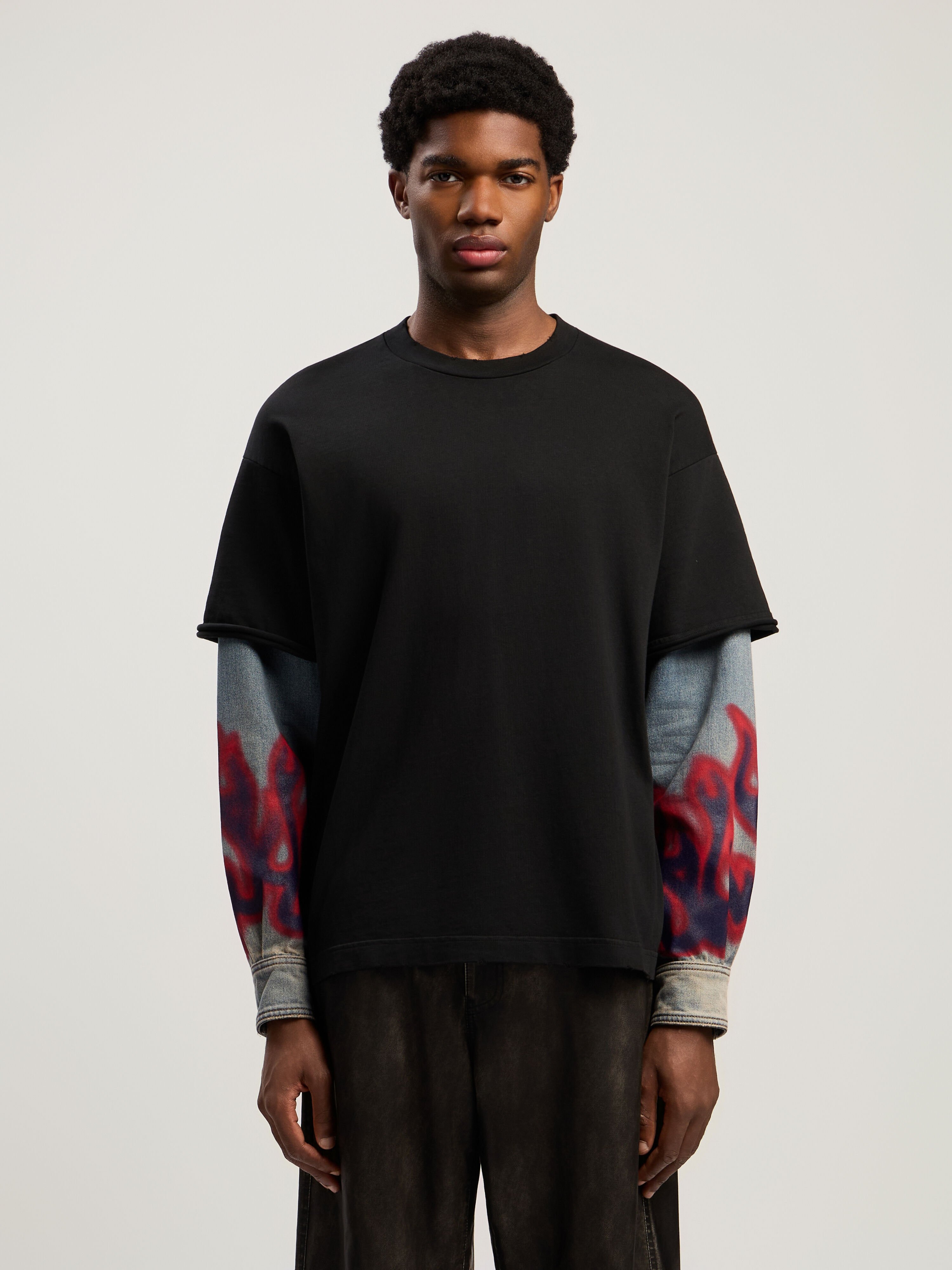 Flames Hybrid Long-Sleeve Shirt PALM ANGELS Flames Hybrid Long-Sleeve Shirt VINTAGE BLACK - MEDIUM BLUE PMGE04BF25FAB001