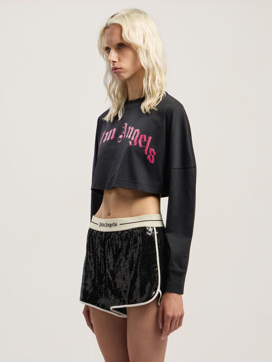 PALM ANGELS Curved Logo Crop Long Sleeve BLACK - FUCHSIA PWAB023F25JER002