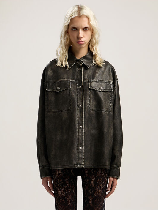 PALM ANGELS Curved Logo Coated Overshirt DARK GREY - BLACK PWJE009F25FAB001