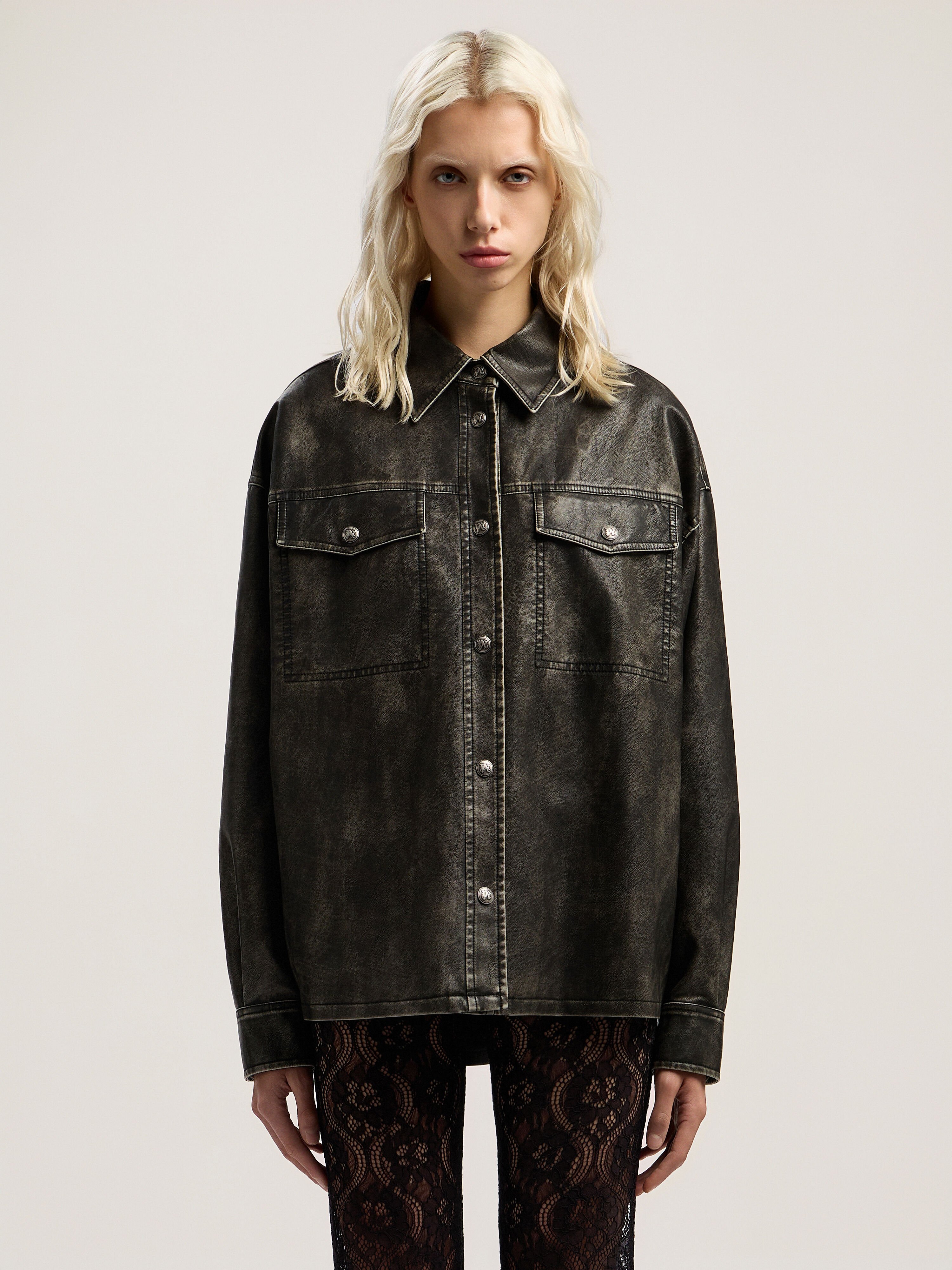 PALM ANGELS Curved Logo Coated Overshirt DARK GREY - BLACK PWJE009F25FAB001