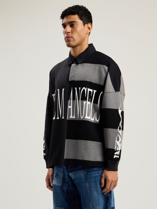 PALM ANGELS Flames Flag Polo Shirt BLACK - GREY MELANGE PMGC01BF25FAB001