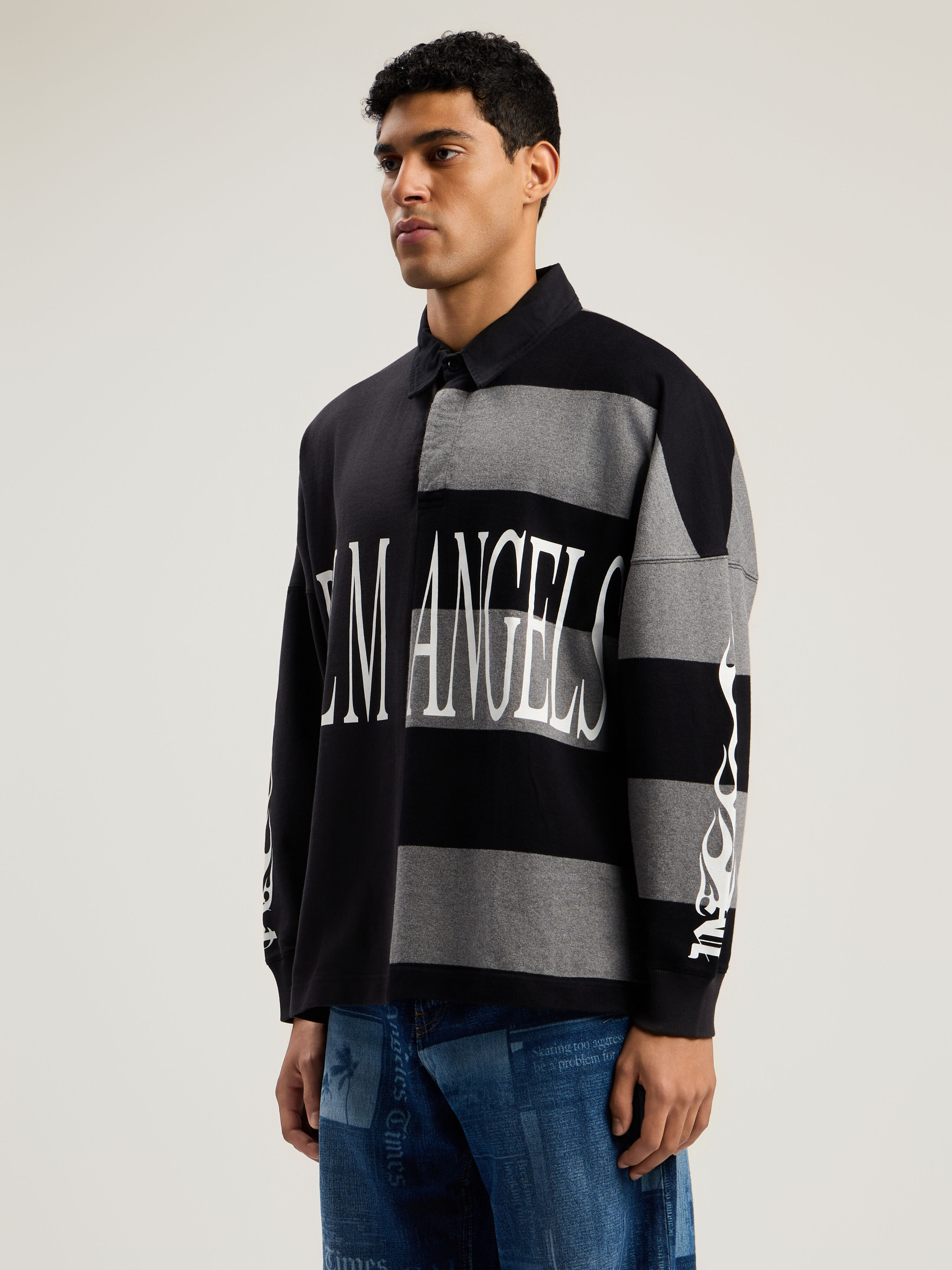 PALM ANGELS Flames Flag Polo Shirt BLACK - GREY MELANGE PMGC01BF25FAB001