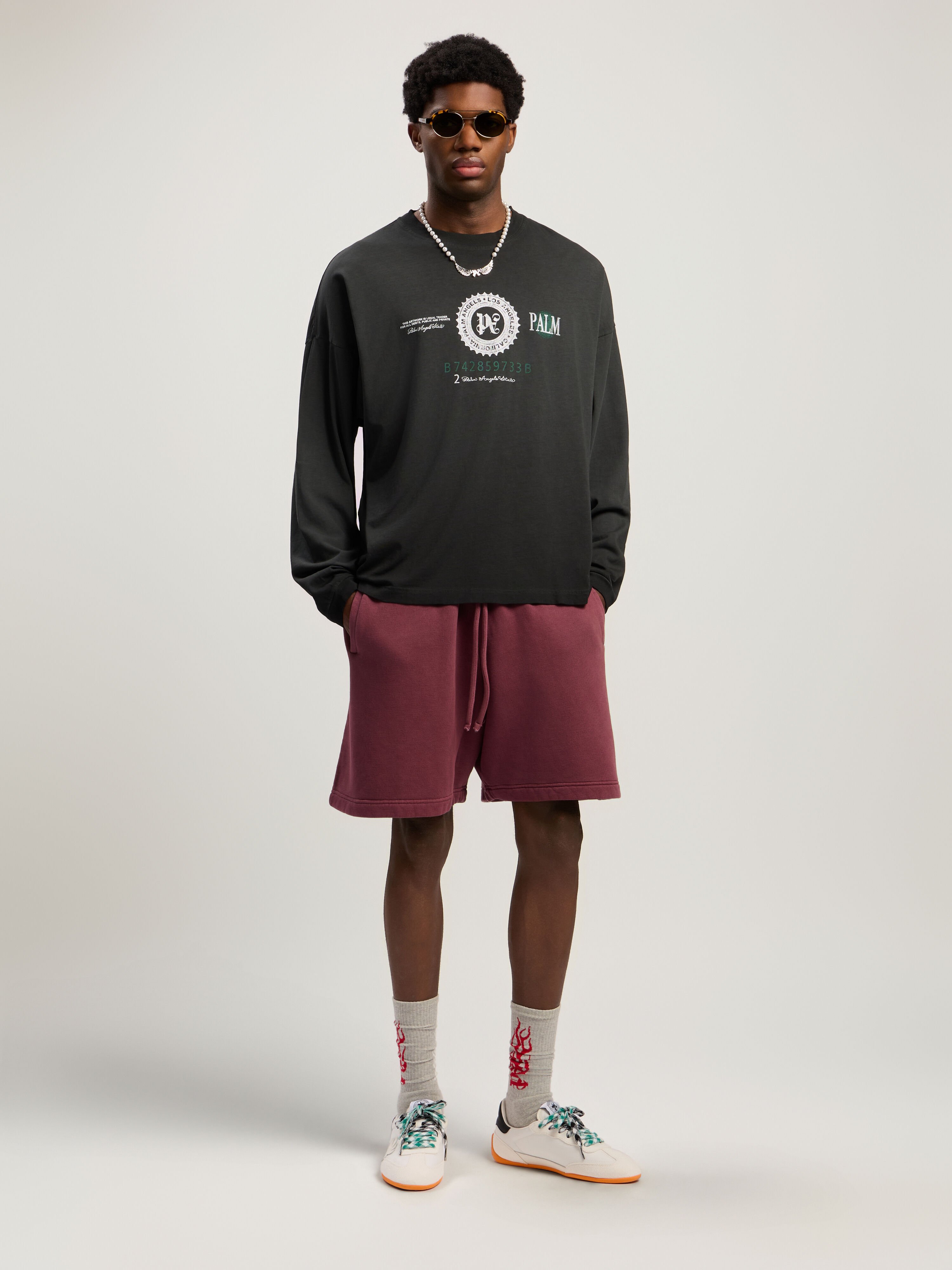 PALM ANGELS Dollar Graphic Long Sleeve T-Shirt VINTAGE BLACK - LIGHT GREY PMAB05CF25JER001