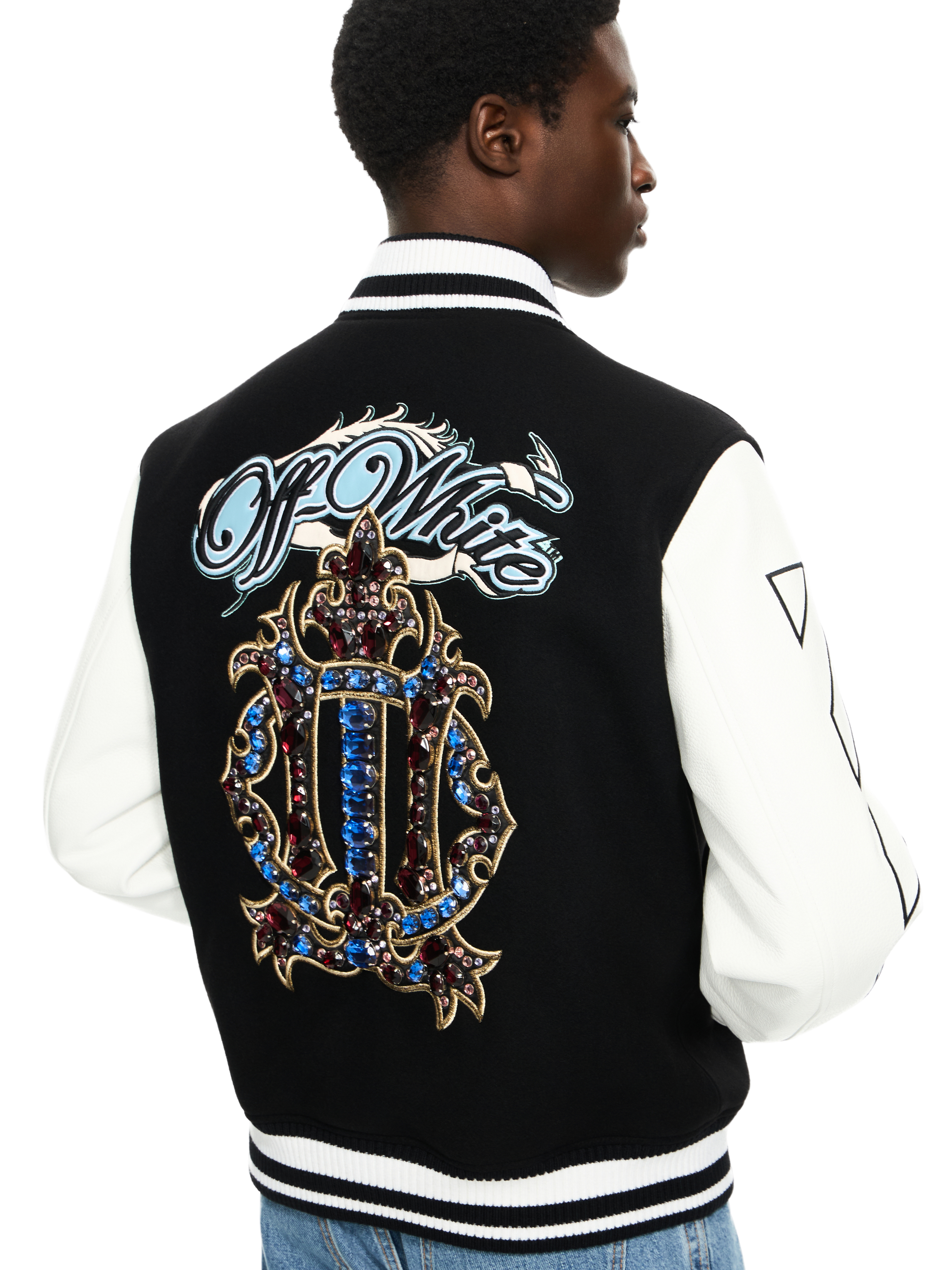 Off-white Royal Jewels Leather Wool Varsity Jacket In Black