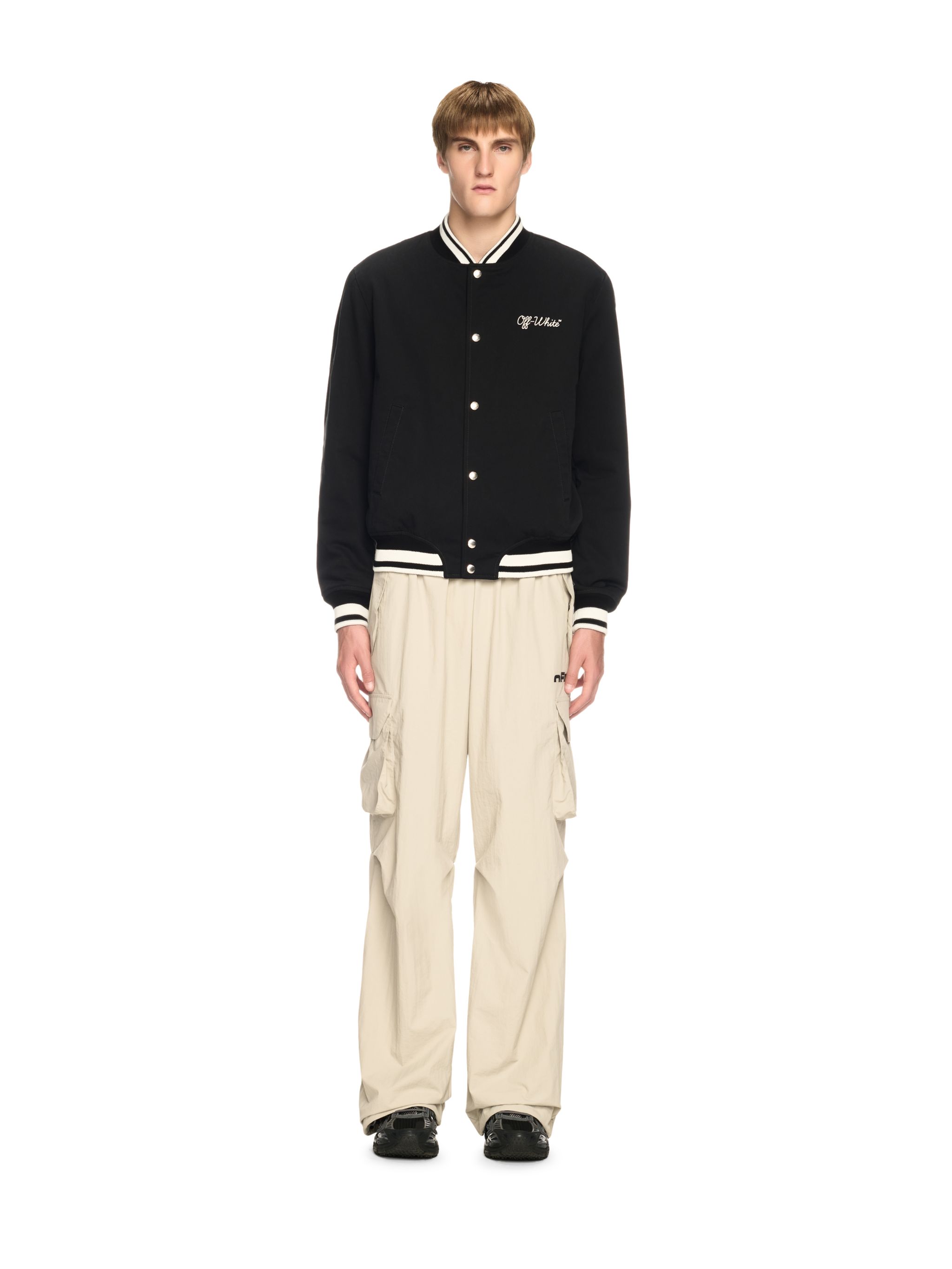Off-white College Satin Souvenir Bomber Jacket In Black