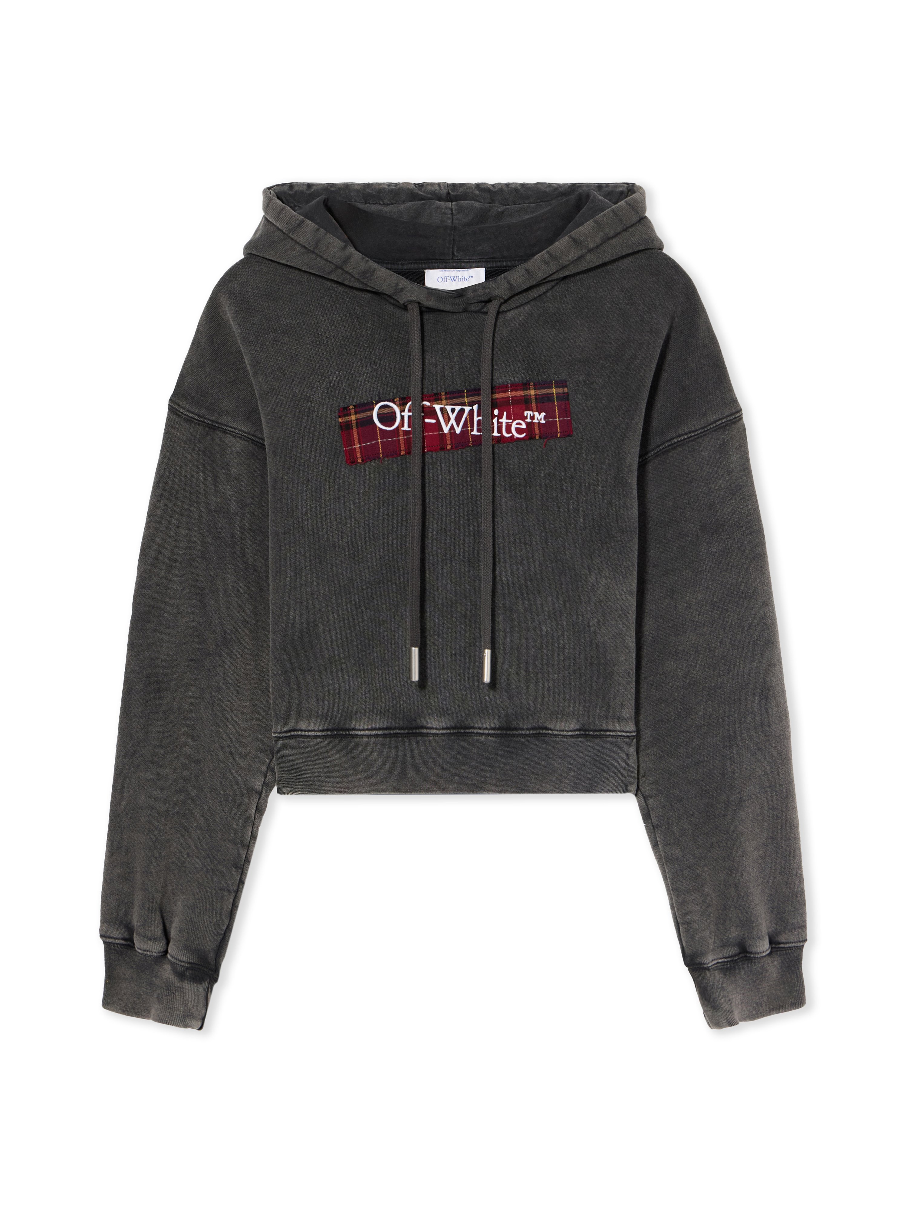 Off-white Cropped Black Hoodie With Red Tartan Patch