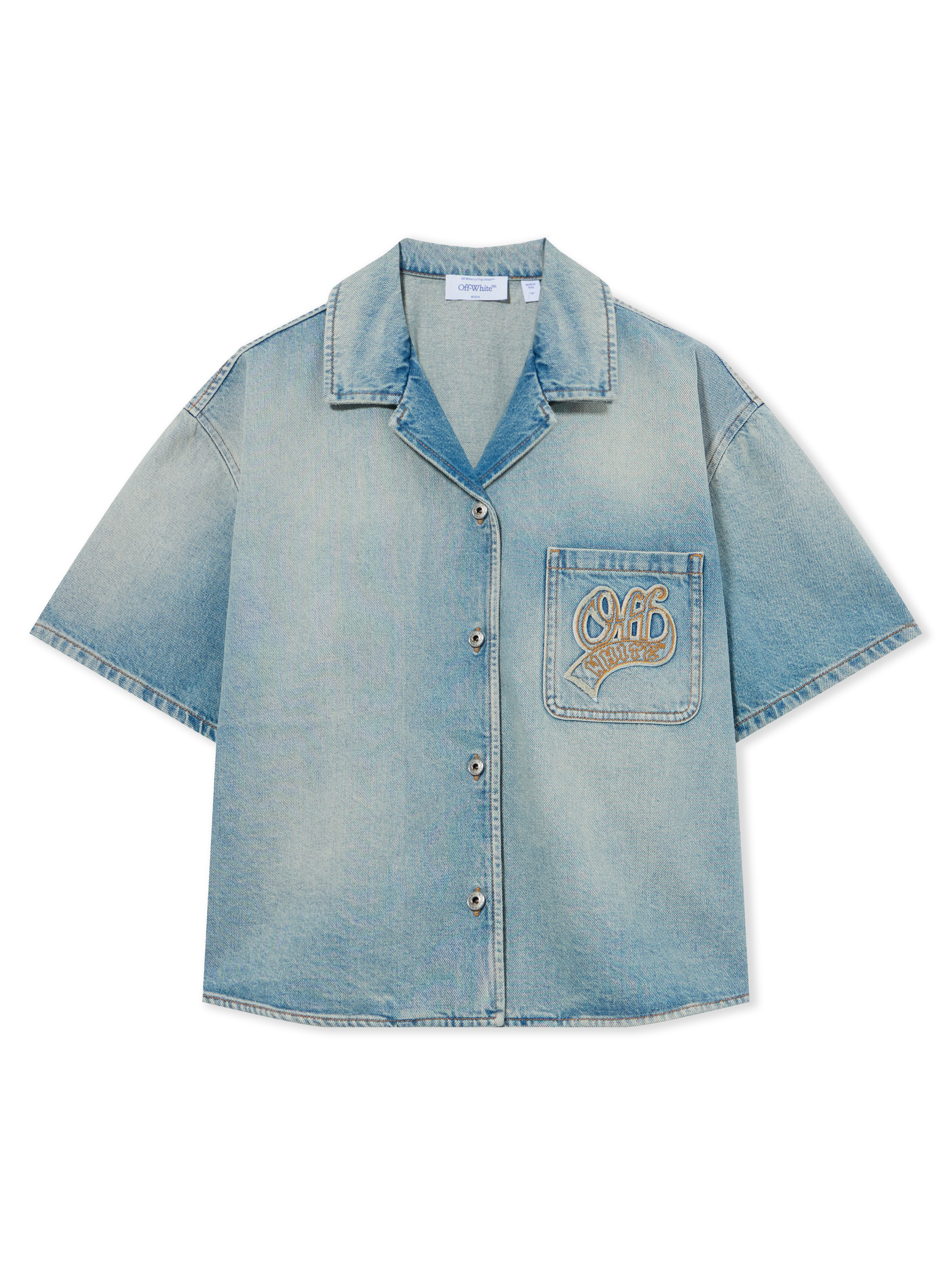 Off-white College Patch Denim S/s Shirt In Bleachobacco