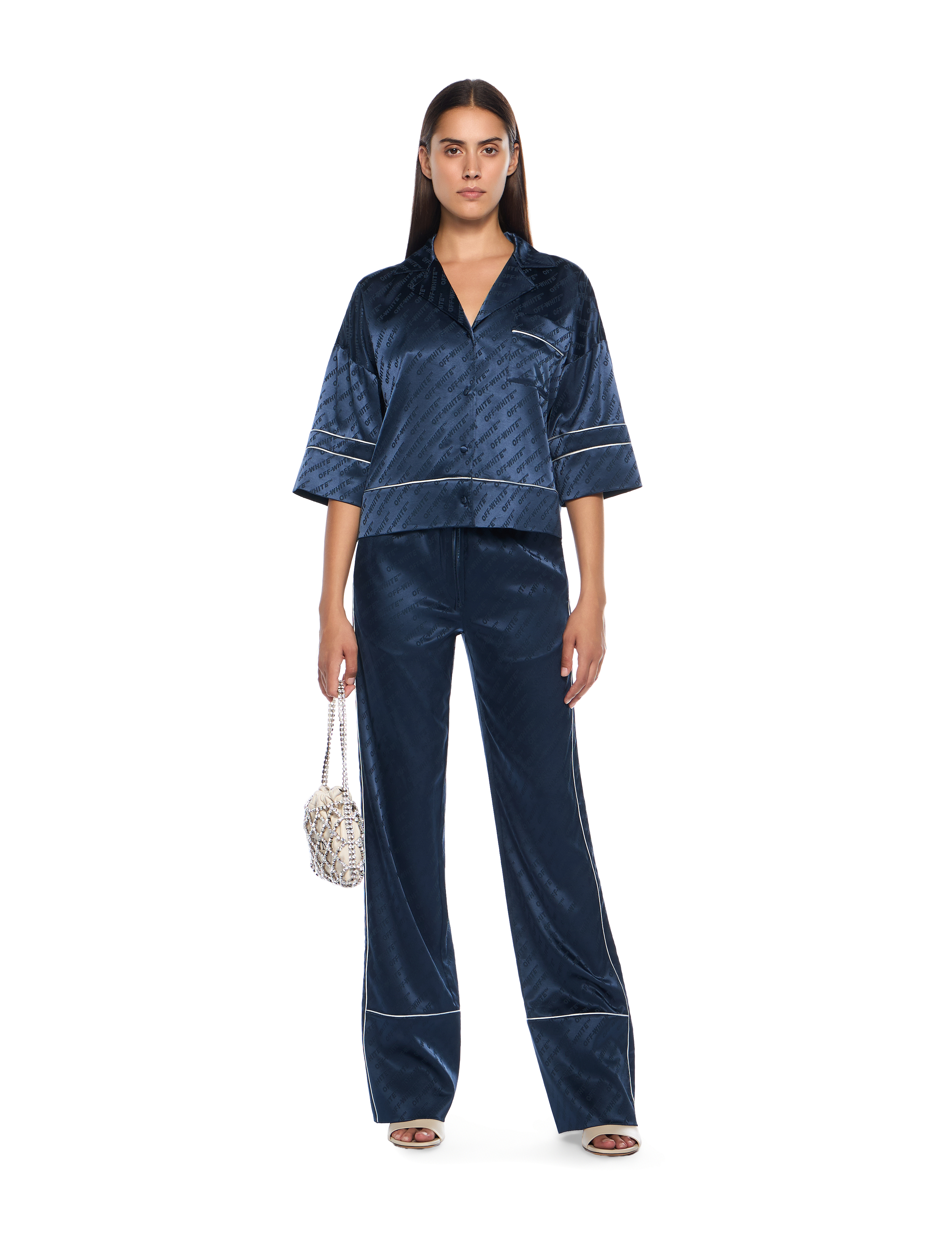  Off White Jacquard Satin Pajama Pants - Female  Blue Iris 40 