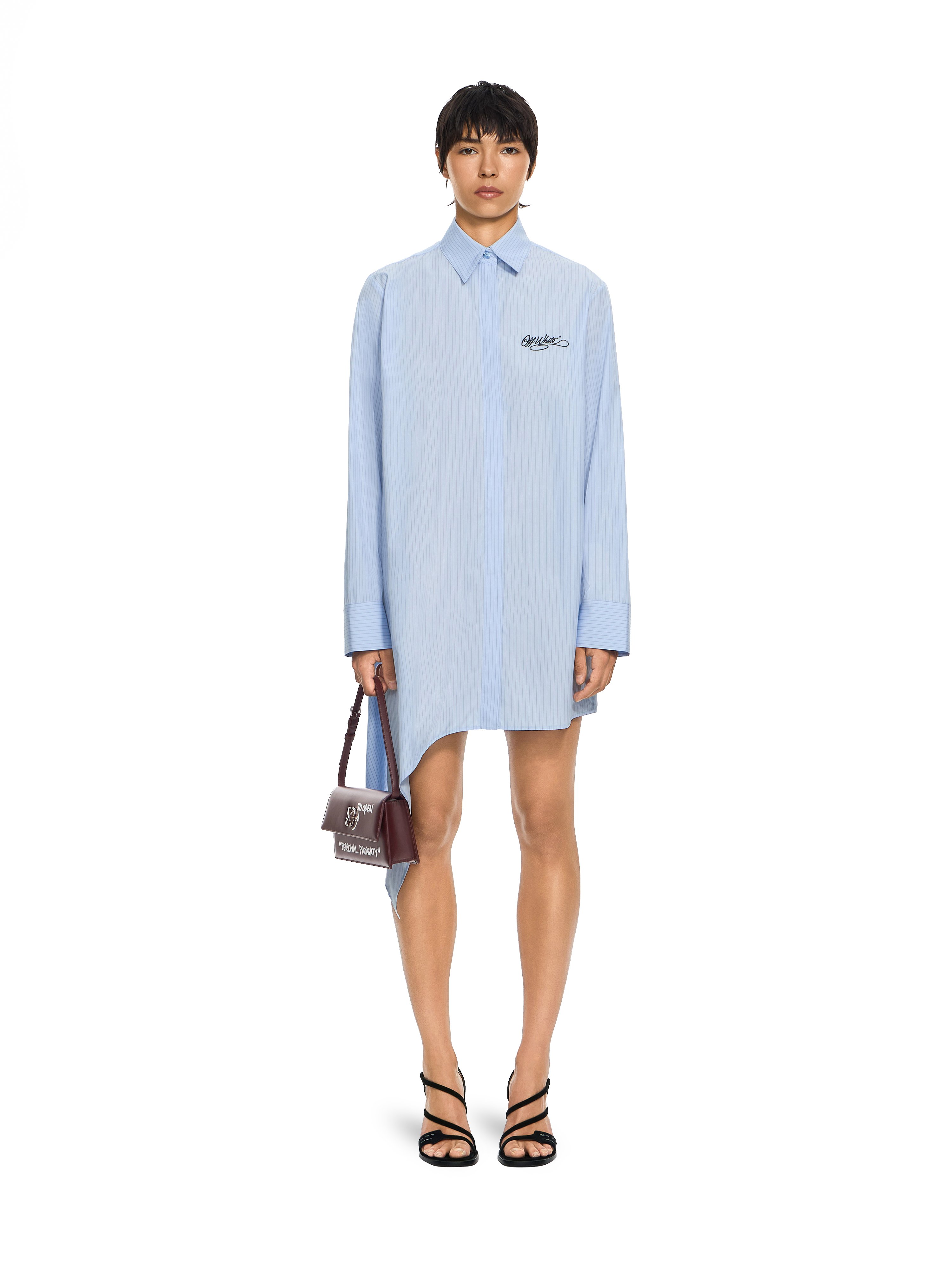 Striped Poplin Asymmetric Shirt Dress in Heather Dark Sapphire for