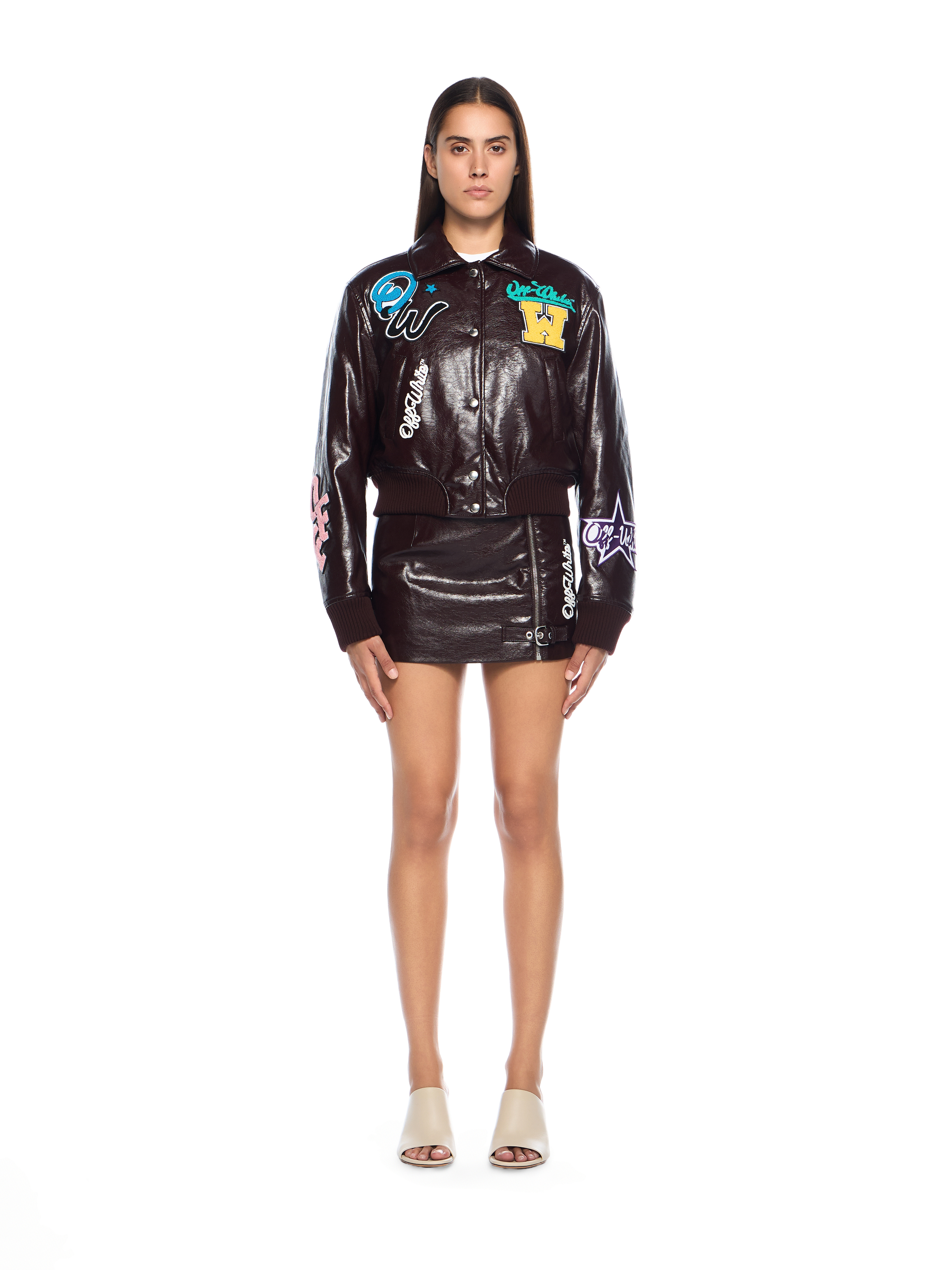 Off-white Crinkled Coated Varsity Jacket In Brown