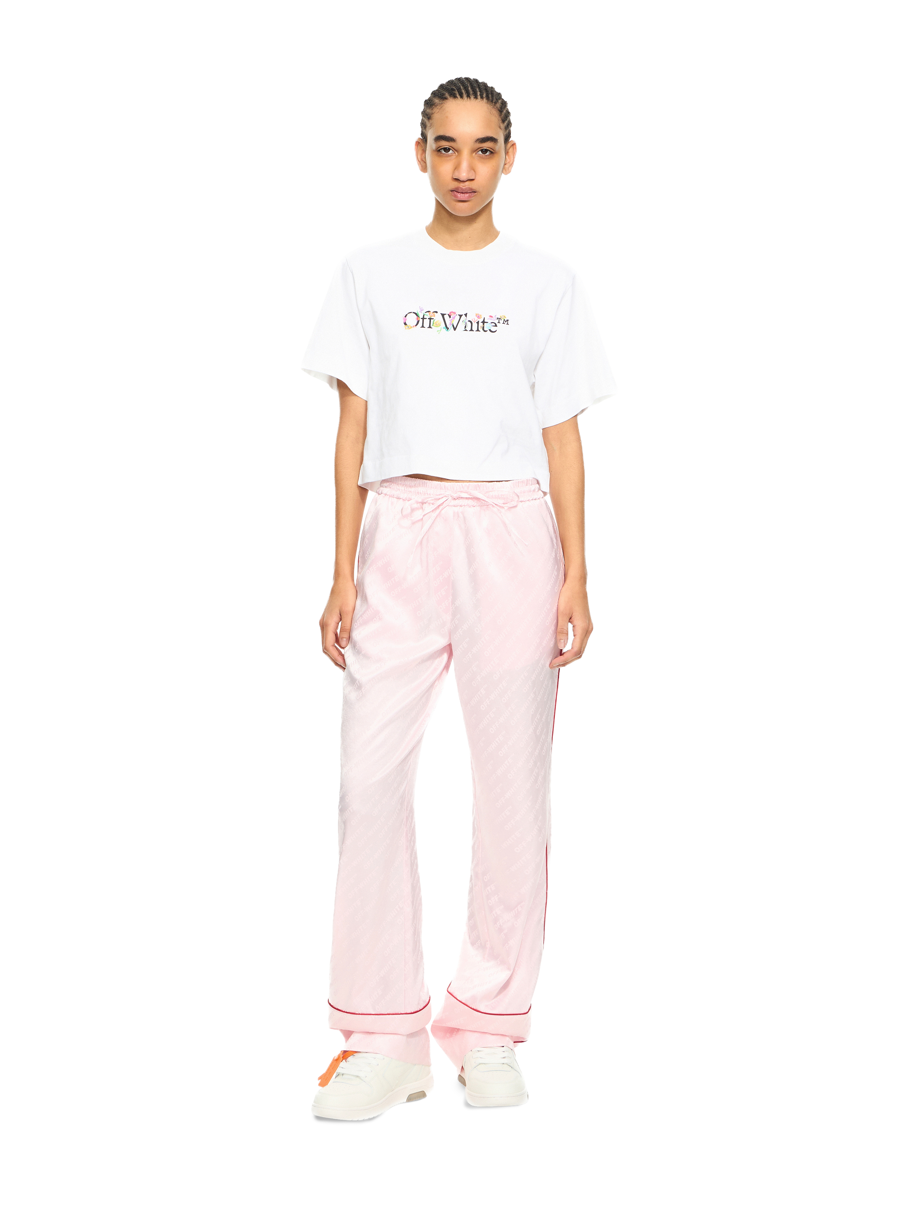 Off-white Women Pink Jacquard Satin Pajama Pants, 32 Luxury Pants For Women Darveys
