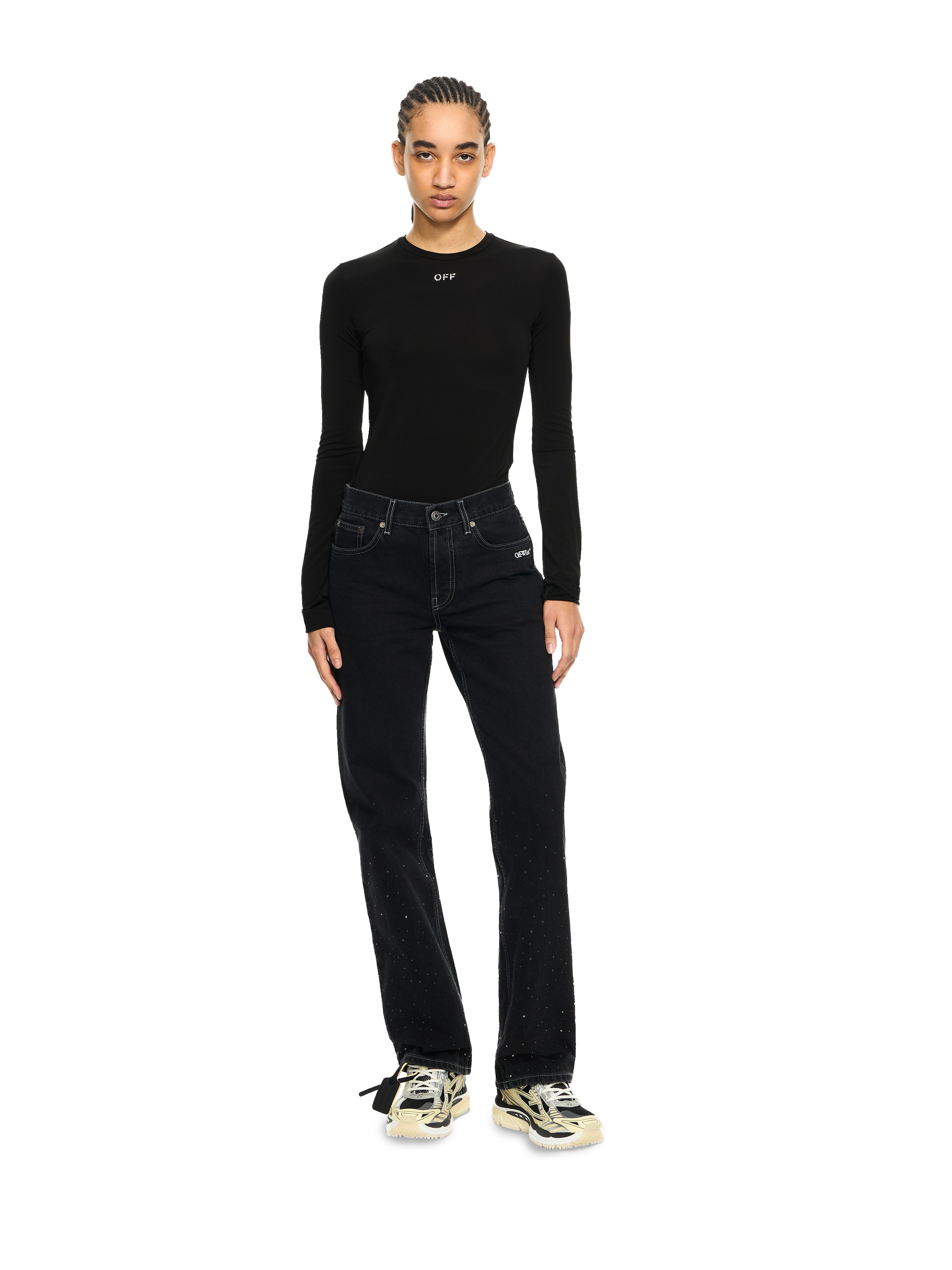 Off-white Fitted Long Sleeve Ribbed Crop T-shirt In Black