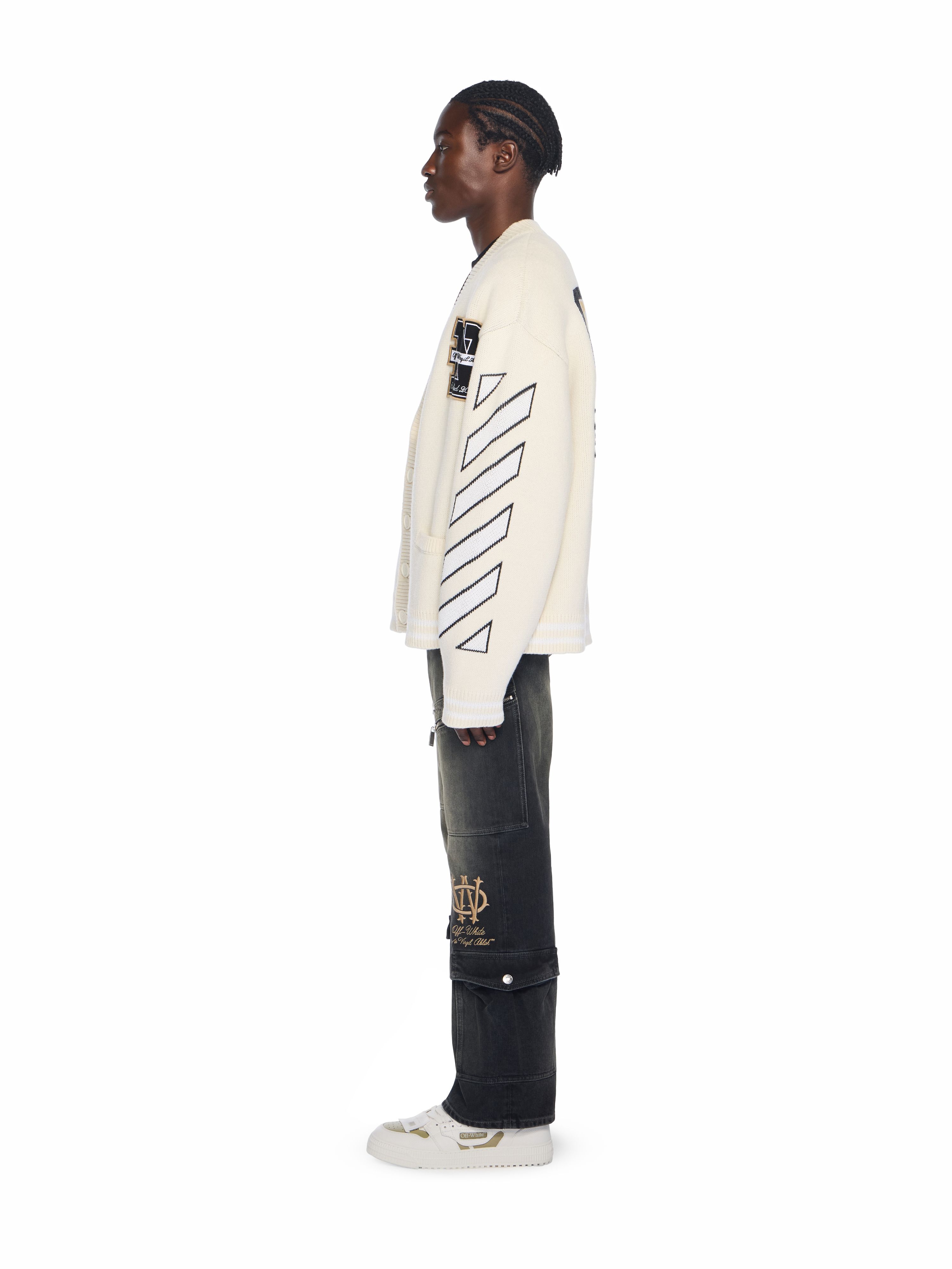  Off White Lion Varsity Knit Cardigan - Male  Cream - Black Xl 