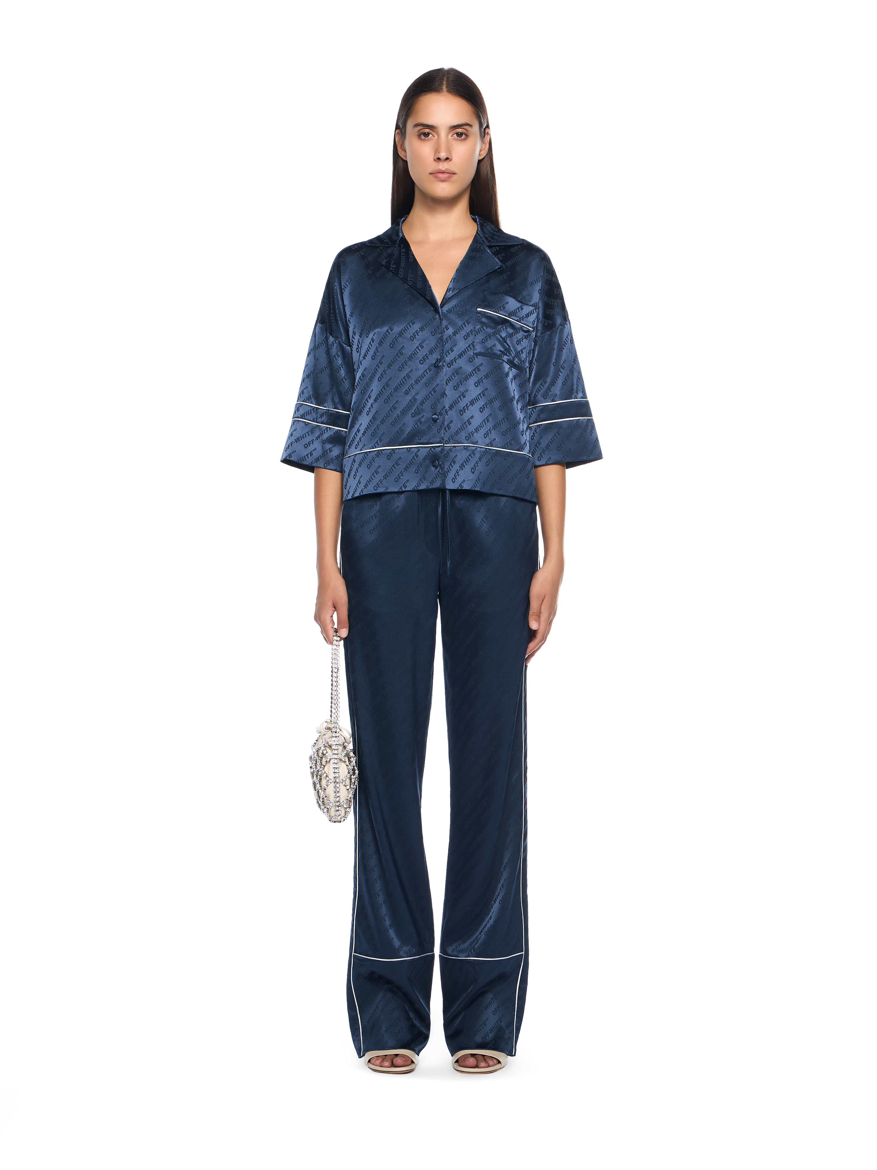  Off White Jacquard Satin Pajama Shirt - Female  Blue Iris 40 