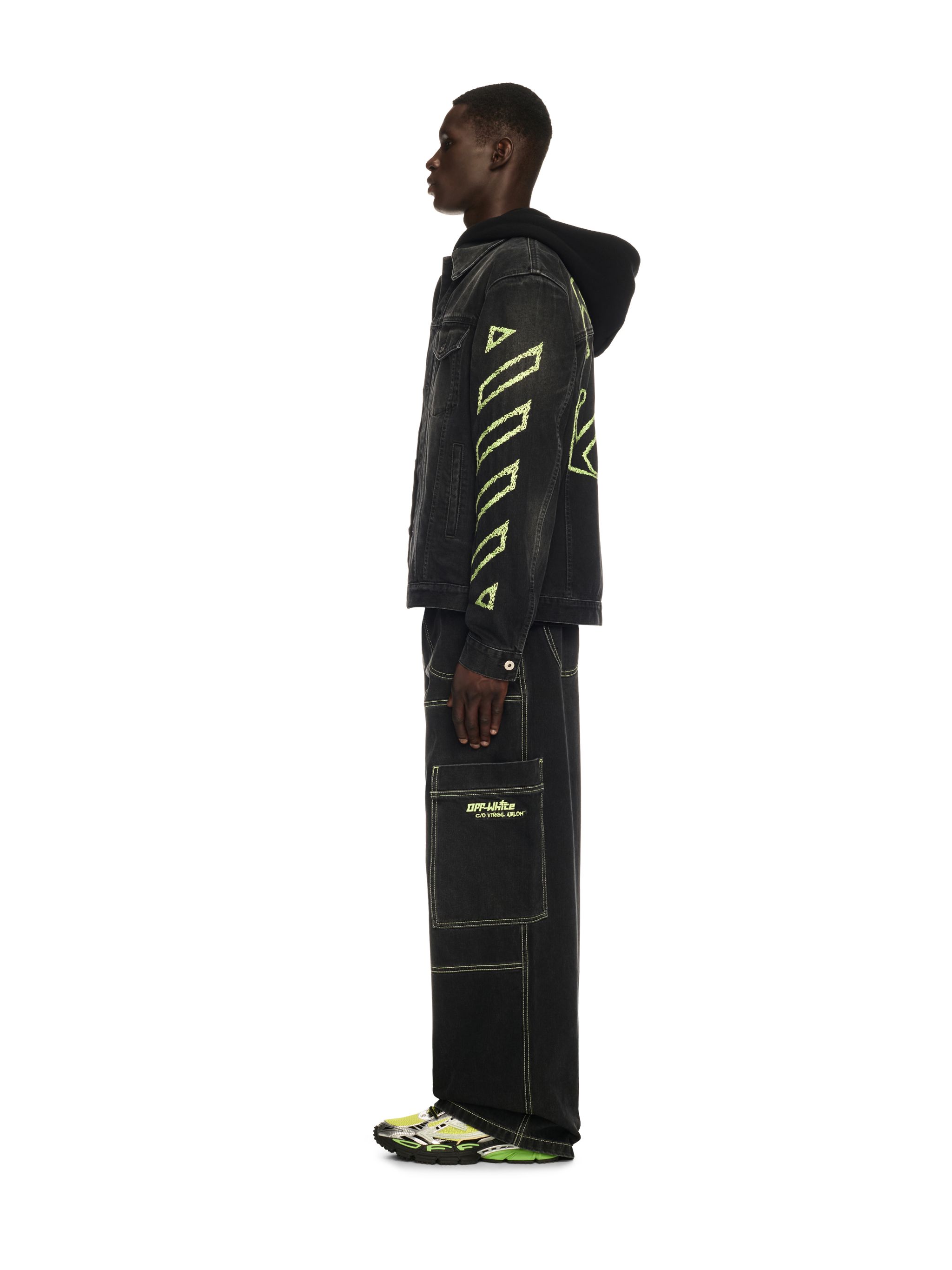 Off-white Diagonal Arrow Outline Embroidered Denim Skate Jacket In Black