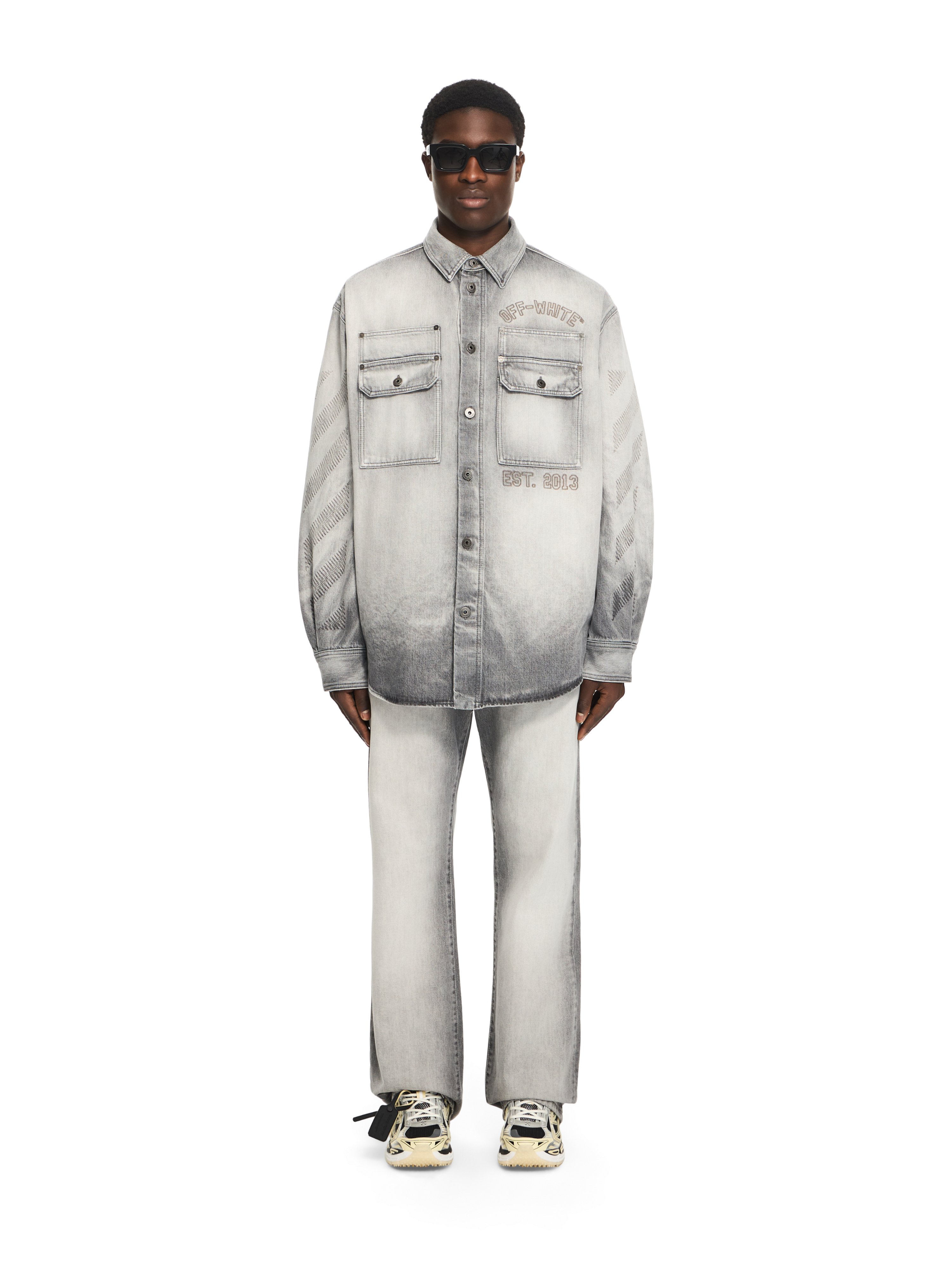  Off White Diagonal Embroidered Denim Military Overshirt - Male Jeans Sun-faded Grey S 