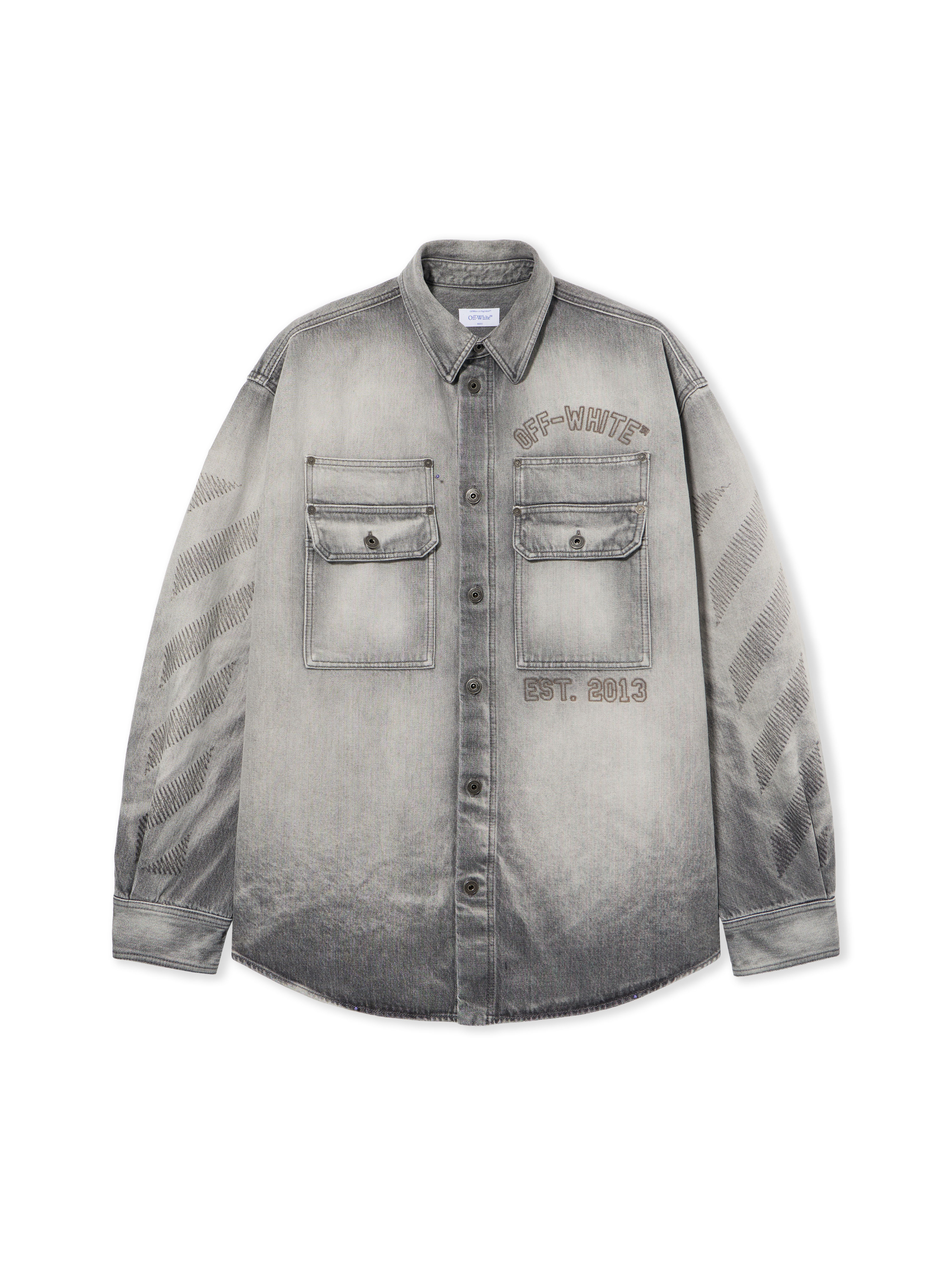 Off White Uomo Sun-Faded Grey Soprabito Militare In Denim Ricamato Diagonale - Jeans L - Immagine 1