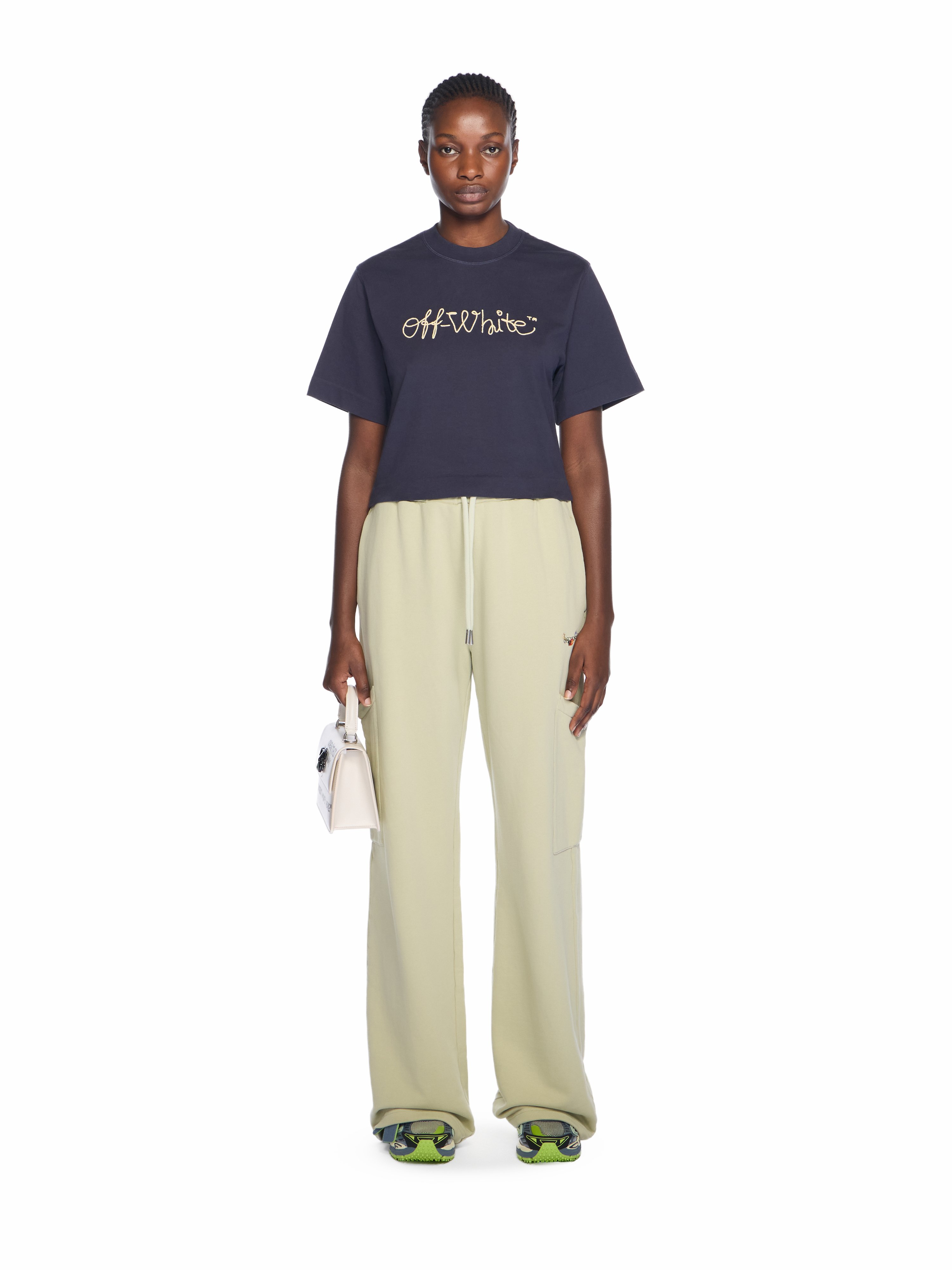  Off White Embroidered Script Logo Crop Logo Tee - Female  Dark Sapphire-double Cream S 